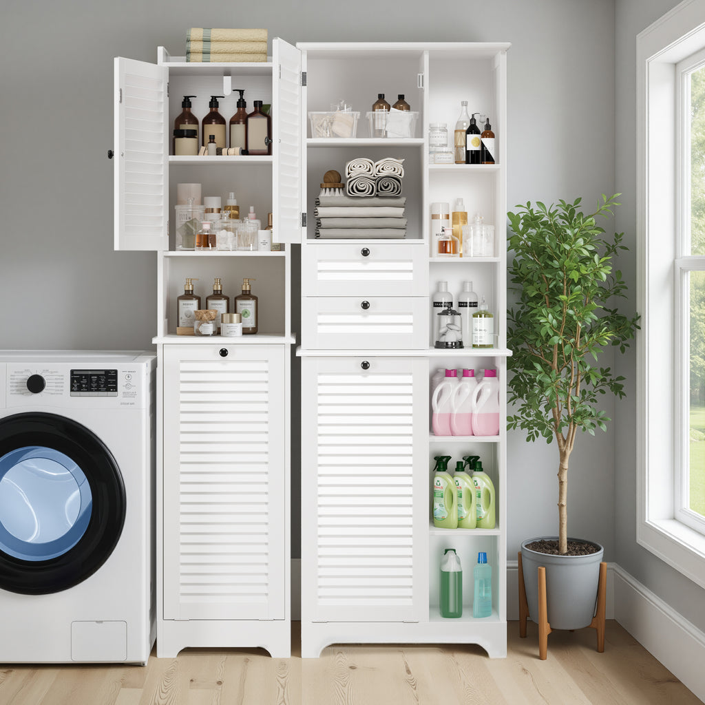 Bealife AP06 Armoire de salle de bain avec panier à linge intégré, Meuble à linge étroit avec dispositif anti-basculement - 40x37x170 cm
