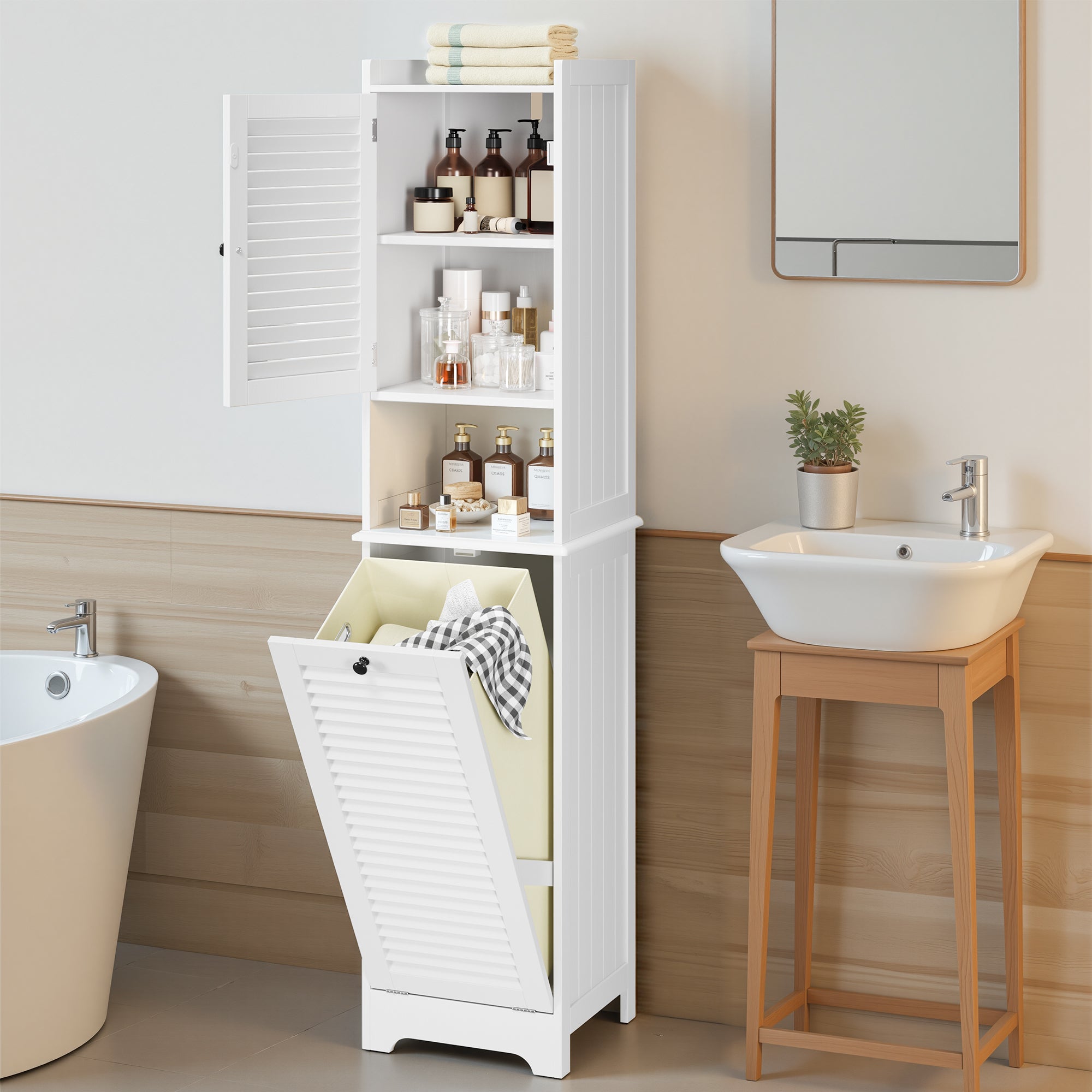 Bealife AP06 Armoire de salle de bain avec panier à linge intégré, Meuble à linge étroit avec dispositif anti-basculement - 40x37x170 cm