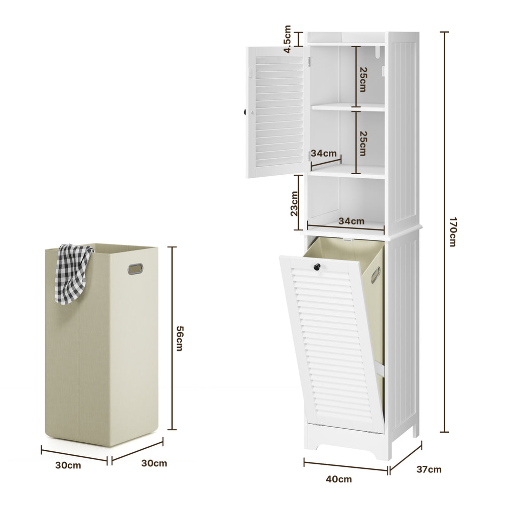 Bealife AP06 Armoire de salle de bain avec panier à linge intégré, Meuble à linge étroit avec dispositif anti-basculement - 40x37x170 cm