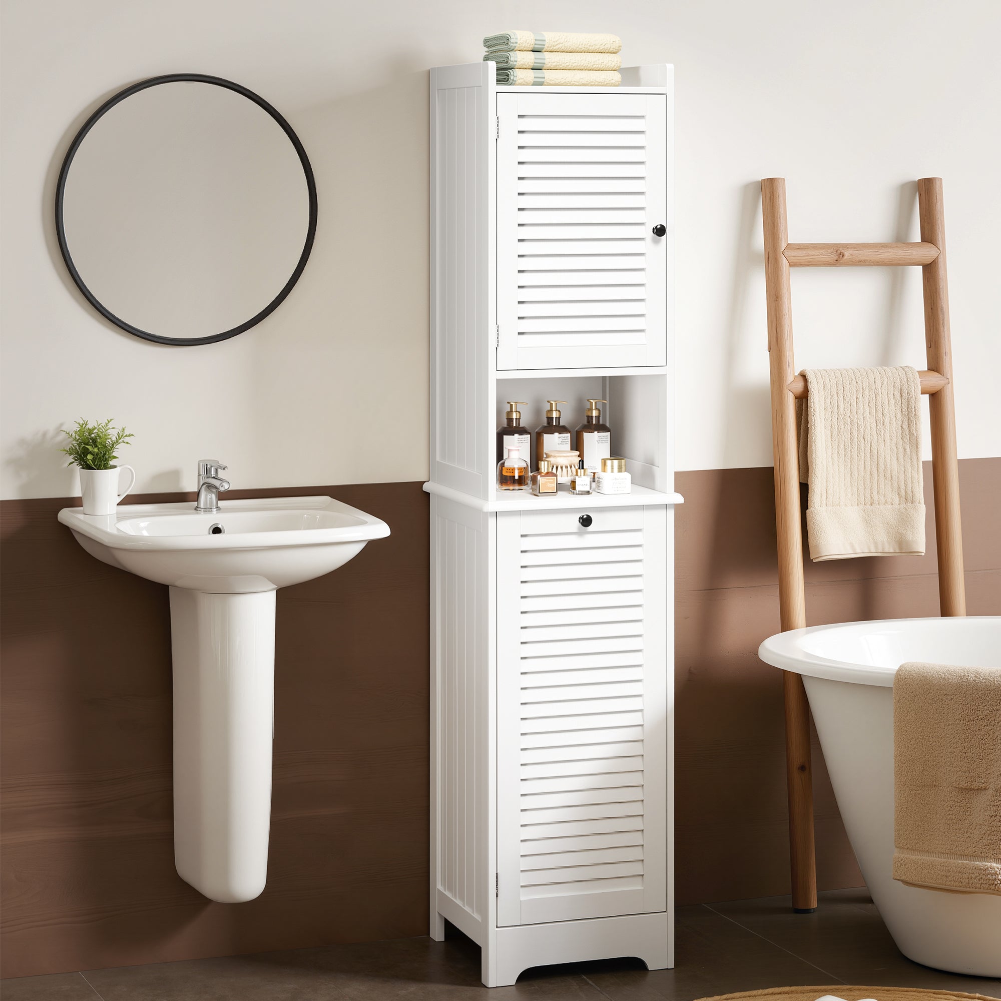 Bealife AP06 Armoire de salle de bain avec panier à linge intégré, Meuble à linge étroit avec dispositif anti-basculement - 40x37x170 cm