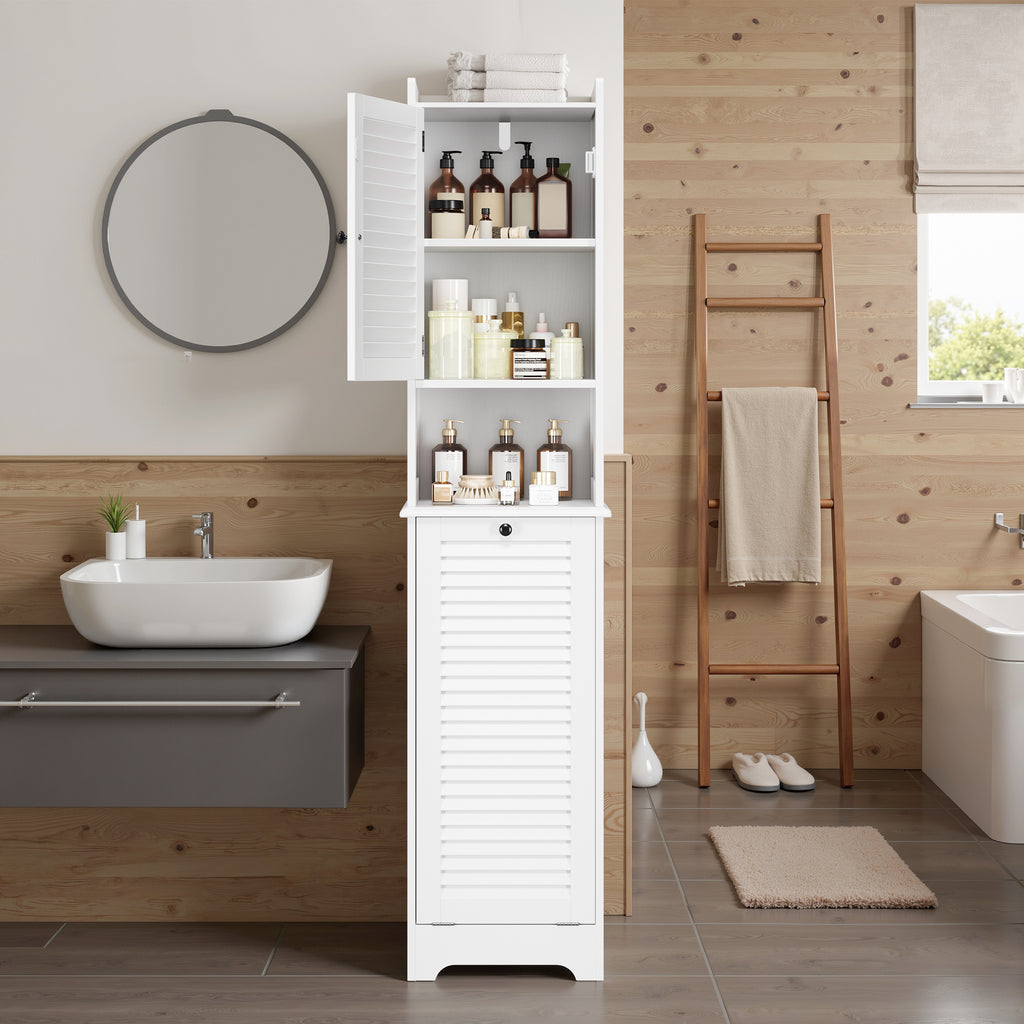 Bealife AP06 Armoire de salle de bain avec panier à linge intégré, Meuble à linge étroit avec dispositif anti-basculement - 40x37x170 cm