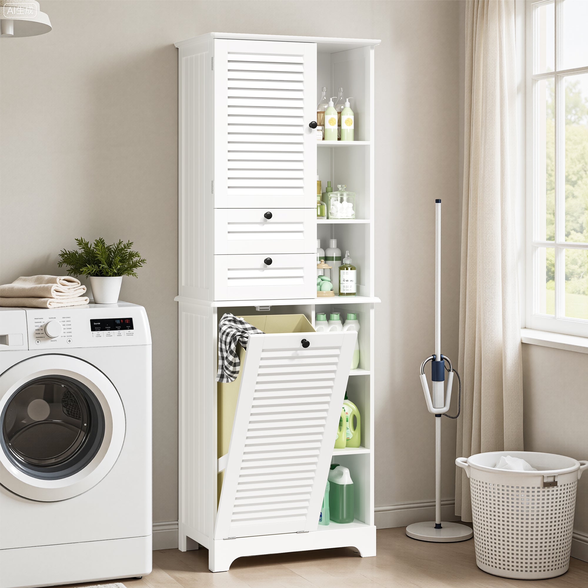 Bealife AP08 Meuble de salle de bain avec panier à linge intégré, tiroirs et compartiments ouverts pour salle de bain et buanderie