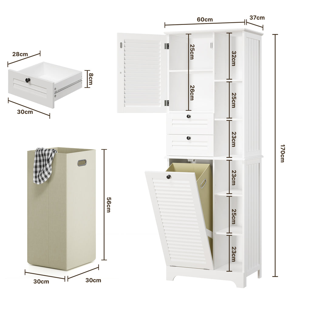 Bealife AP08 Meuble de salle de bain avec panier à linge intégré, tiroirs et compartiments ouverts pour salle de bain et buanderie