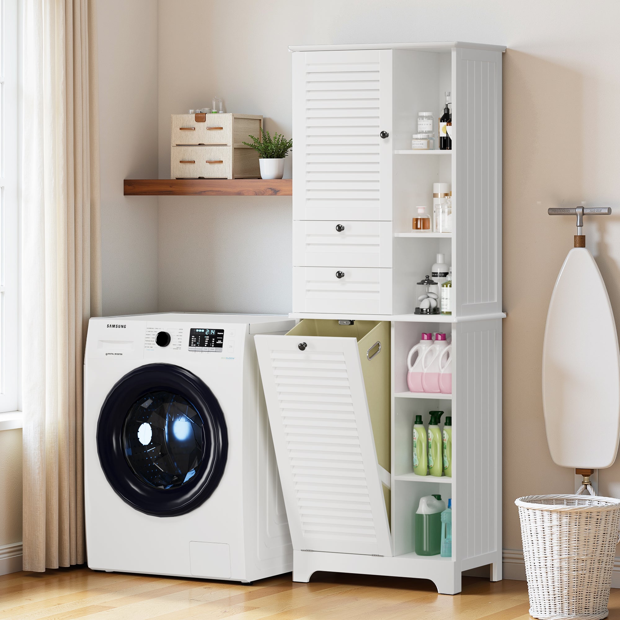Bealife AP08 Meuble de salle de bain avec panier à linge intégré, tiroirs et compartiments ouverts pour salle de bain et buanderie