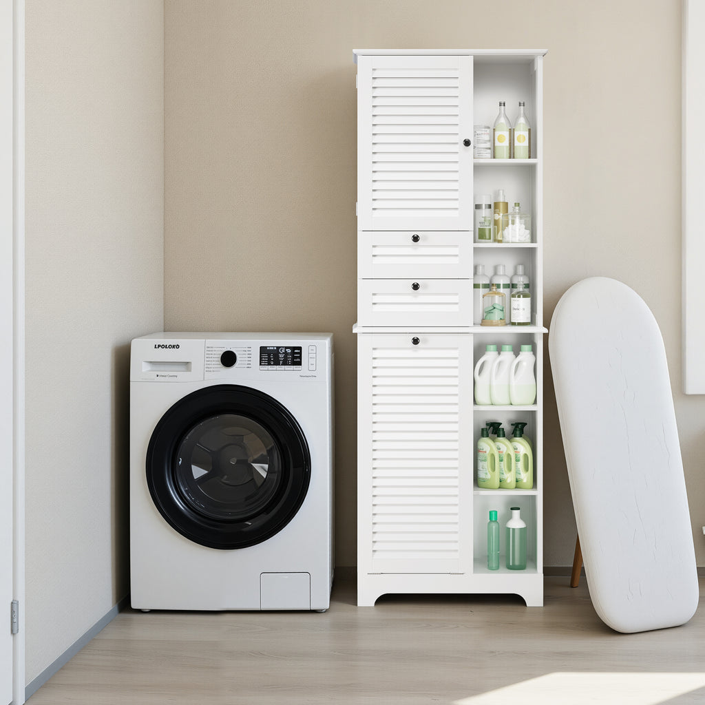 Bealife AP08 Meuble de salle de bain avec panier à linge intégré, tiroirs et compartiments ouverts pour salle de bain et buanderie