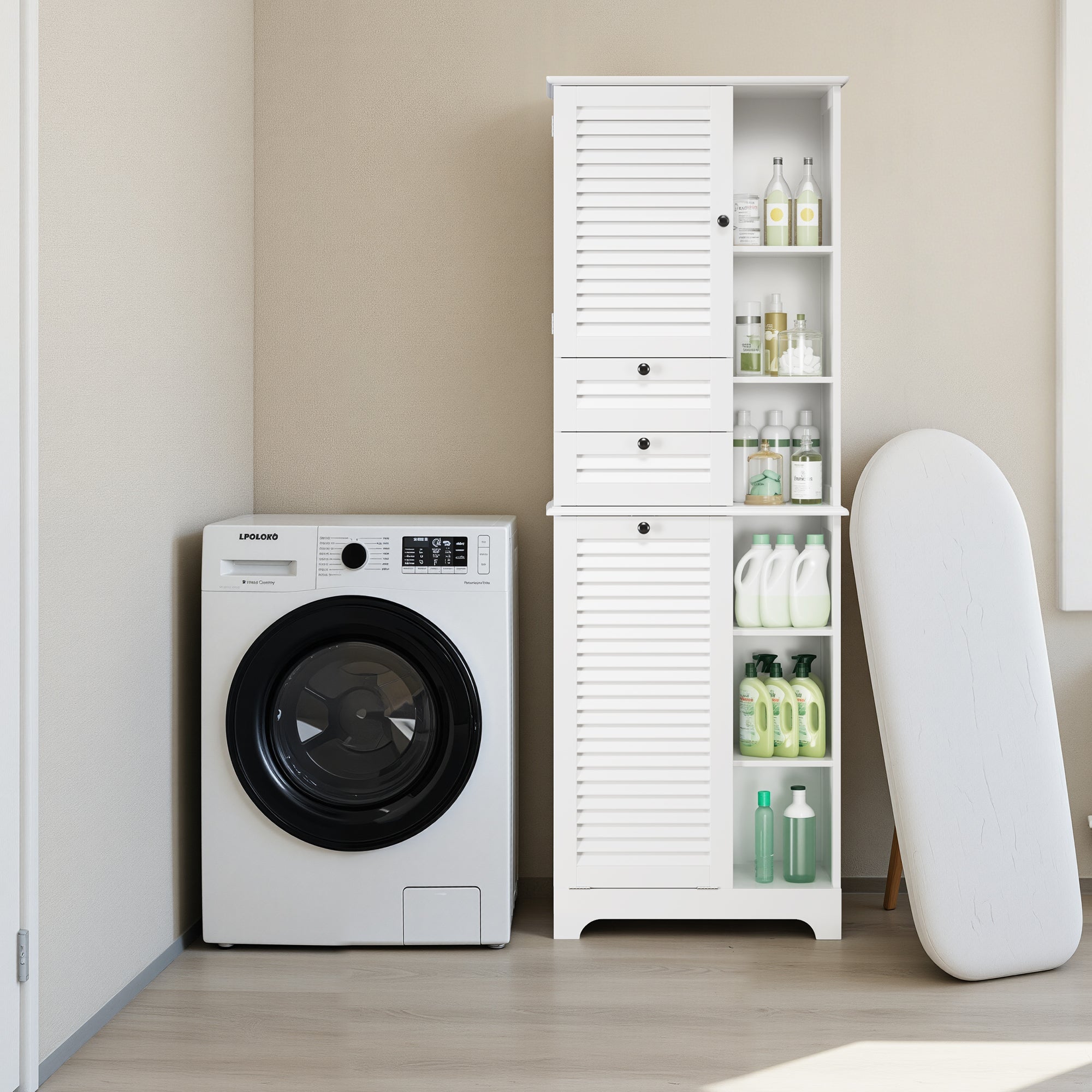 Bealife AP08 Meuble de salle de bain avec panier à linge intégré, tiroirs et compartiments ouverts pour salle de bain et buanderie
