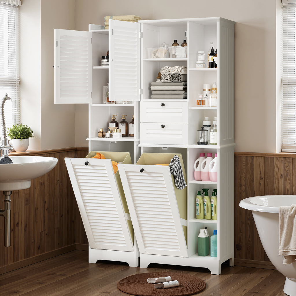 Bealife AP08 Meuble de salle de bain avec panier à linge intégré, tiroirs et compartiments ouverts pour salle de bain et buanderie