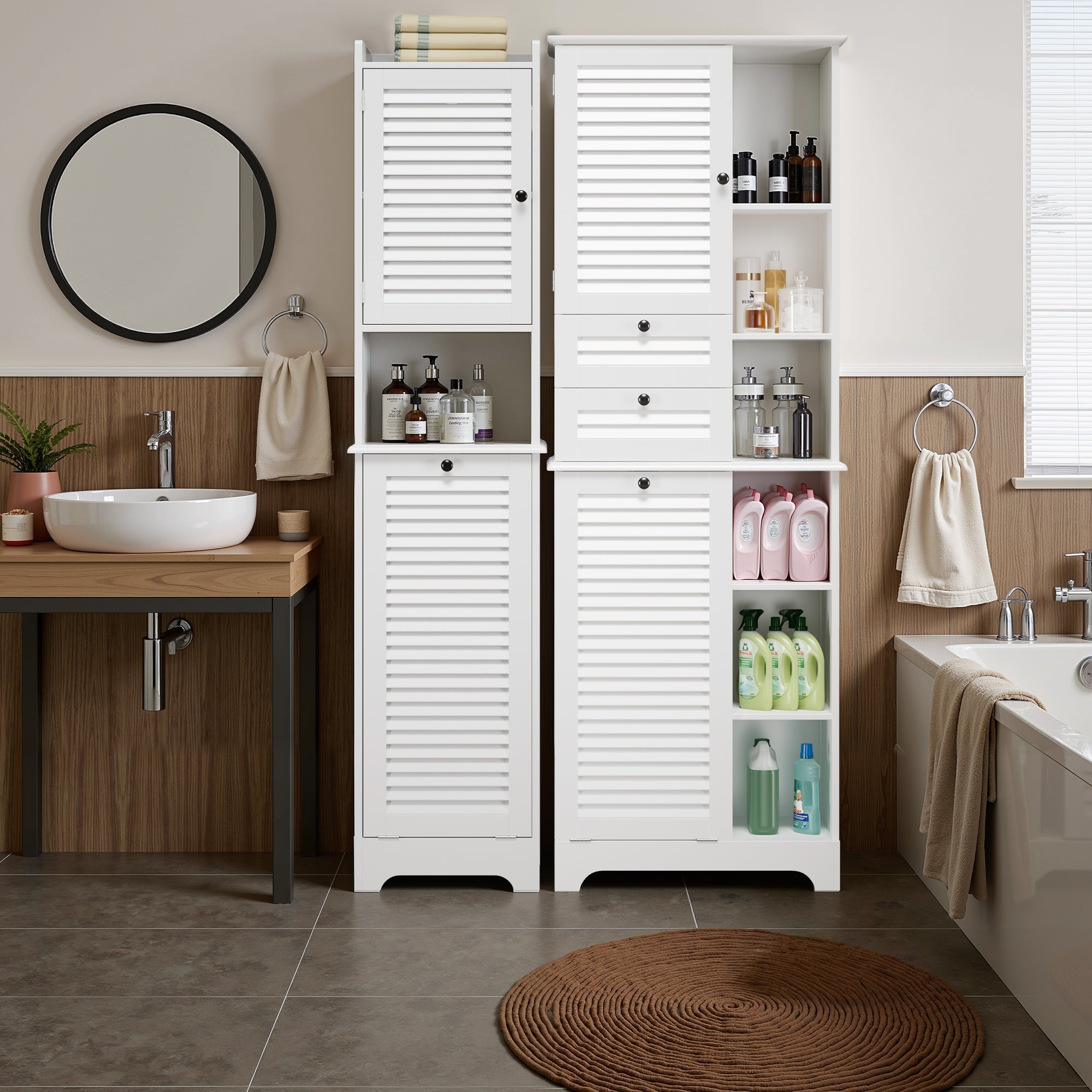 Bealife AP08 Meuble de salle de bain avec panier à linge intégré, tiroirs et compartiments ouverts pour salle de bain et buanderie