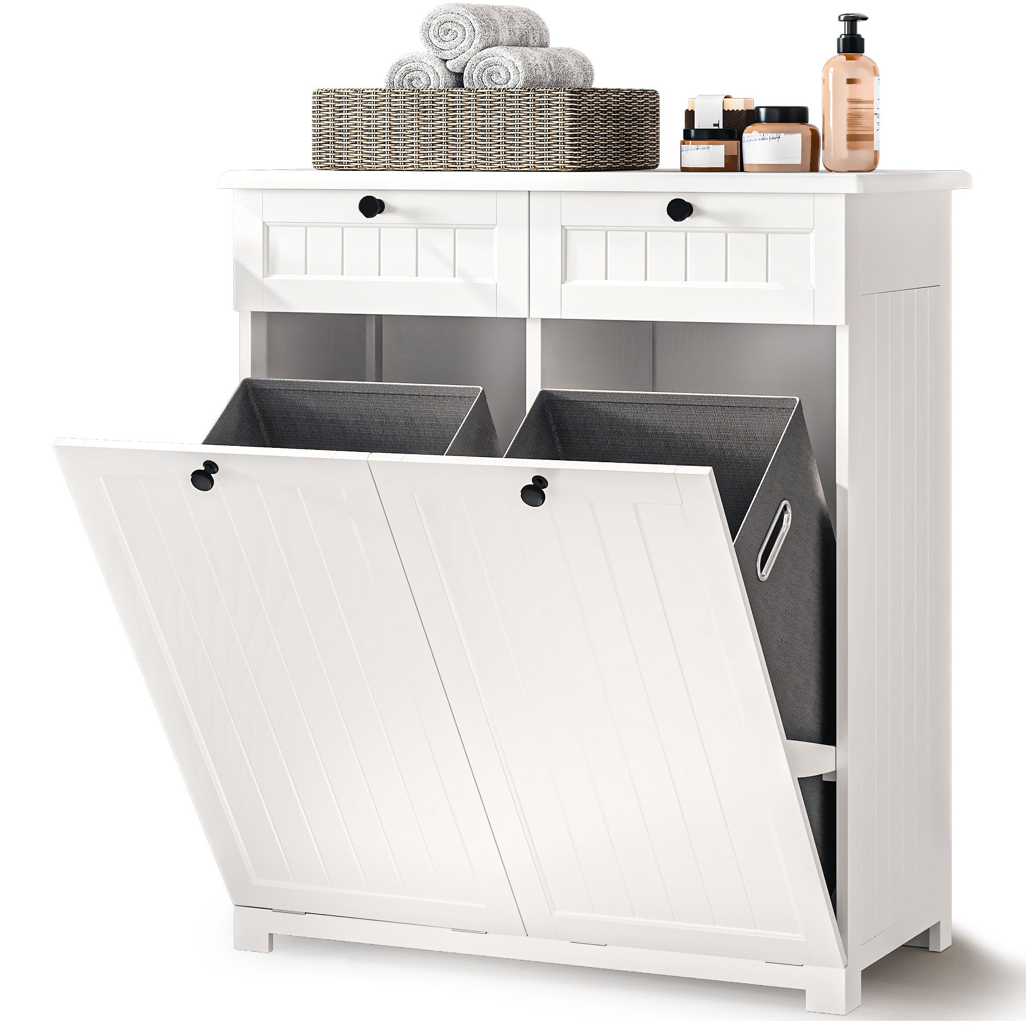 Bealife AP09 Armoire à linge - 78×38×90 cm, Meuble de salle de bain avec 2 paniers à linge et 2 tiroirs pour salle de bain et buanderie