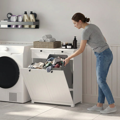 Bealife AP09 Armoire à linge - 78×38×90 cm, Meuble de salle de bain avec 2 paniers à linge et 2 tiroirs pour salle de bain et buanderie
