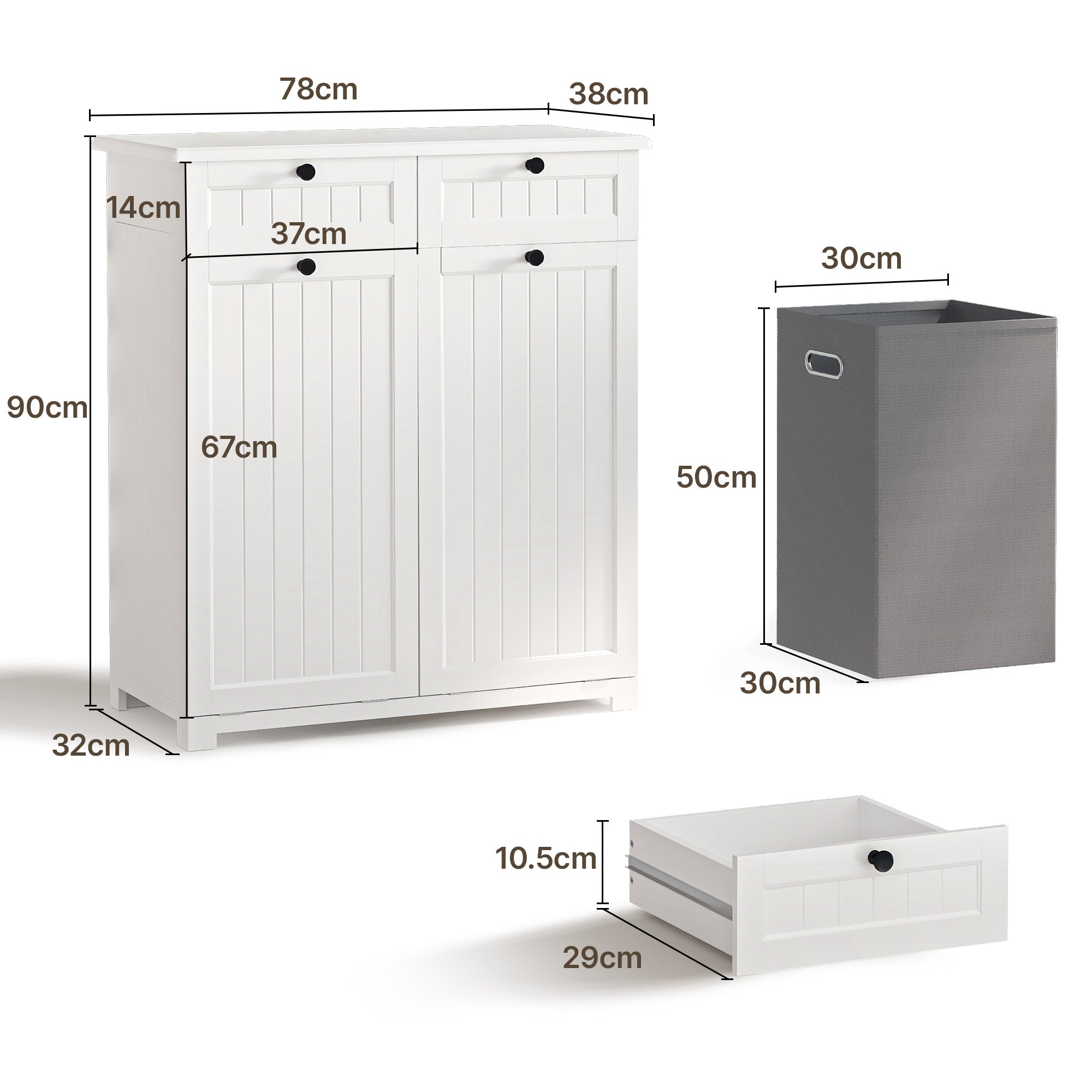 Bealife AP09 Armoire à linge - 78×38×90 cm, Meuble de salle de bain avec 2 paniers à linge et 2 tiroirs pour salle de bain et buanderie