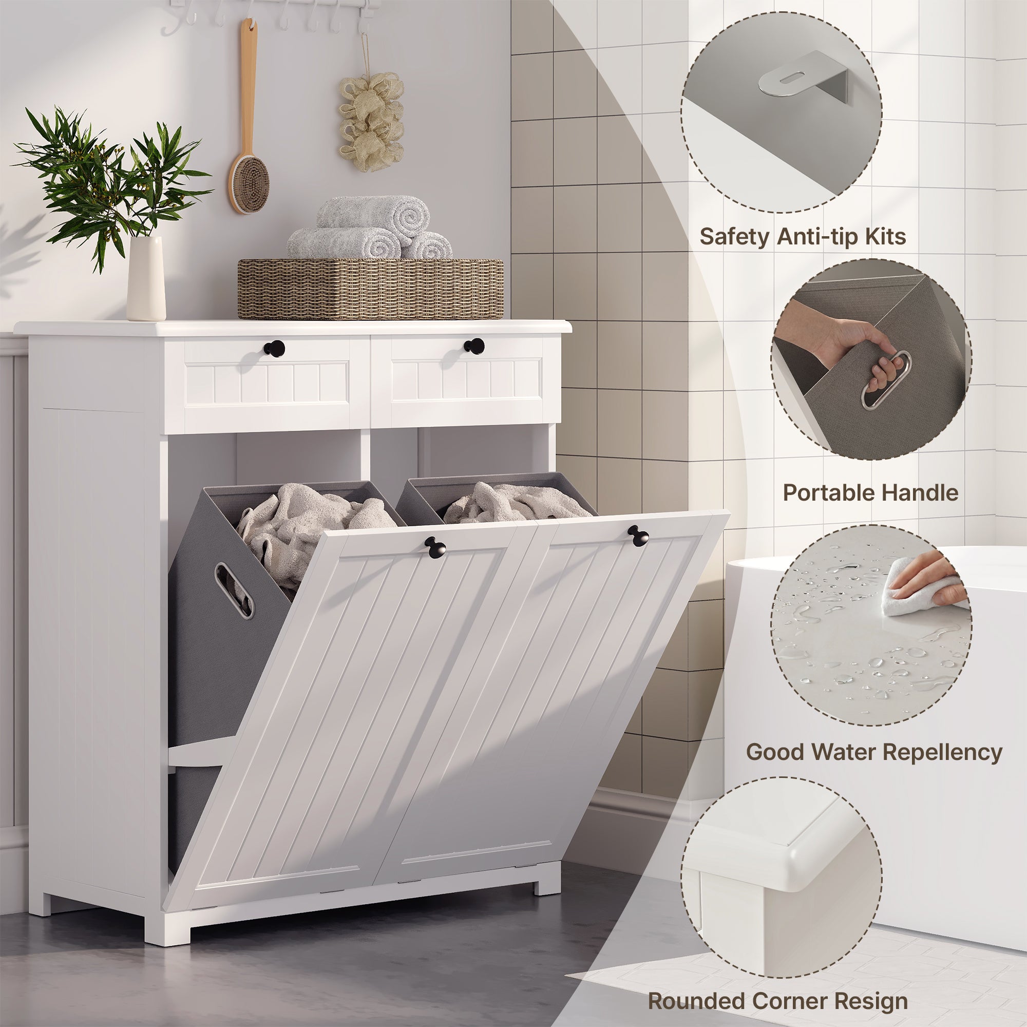 Bealife AP09 Armoire à linge - 78×38×90 cm, Meuble de salle de bain avec 2 paniers à linge et 2 tiroirs pour salle de bain et buanderie