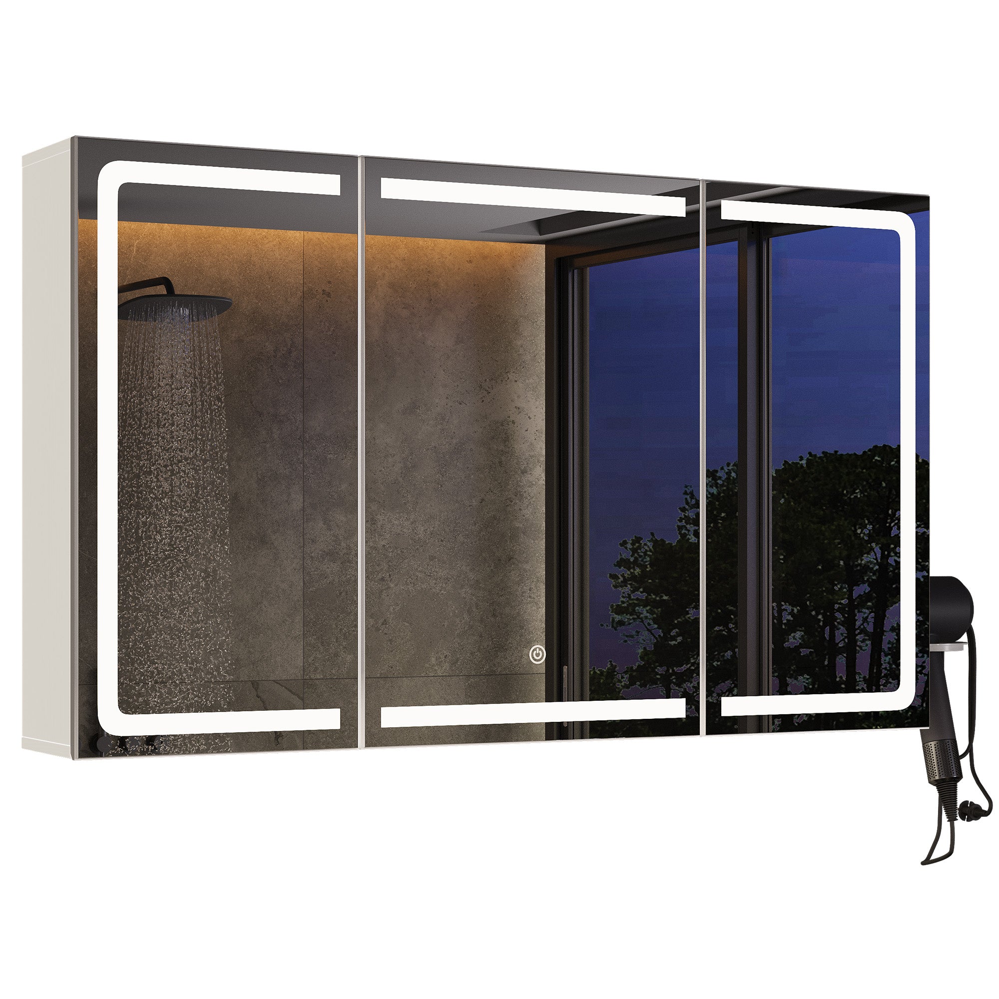 Bealife AP101 Armoire de toilette avec éclairage LED et capteur tactile, Armoire de salle de bain à 3 portes avec miroir HD et étagères réglables