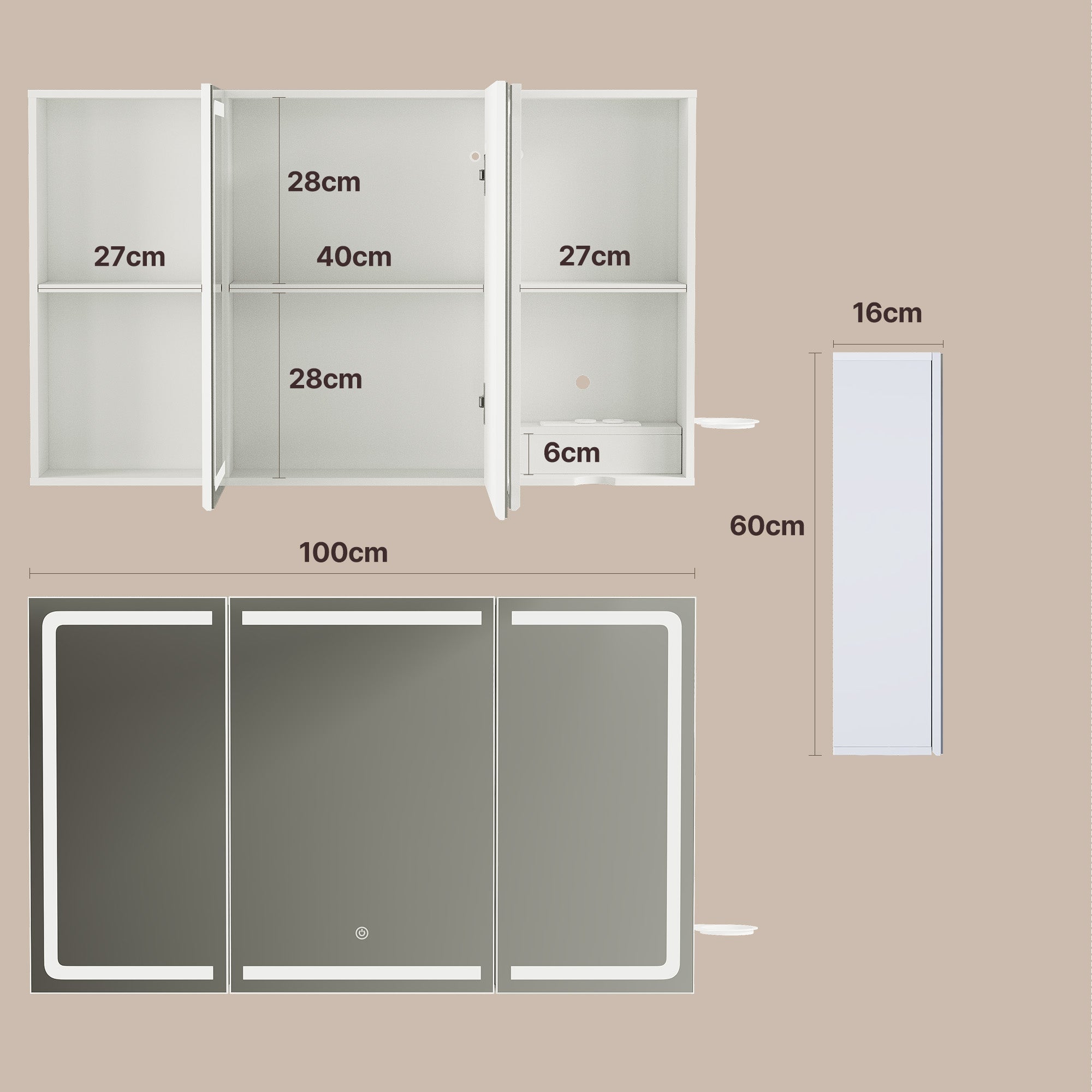 Bealife AP101 Armoire de toilette avec éclairage LED et capteur tactile, Armoire de salle de bain à 3 portes avec miroir HD et étagères réglables