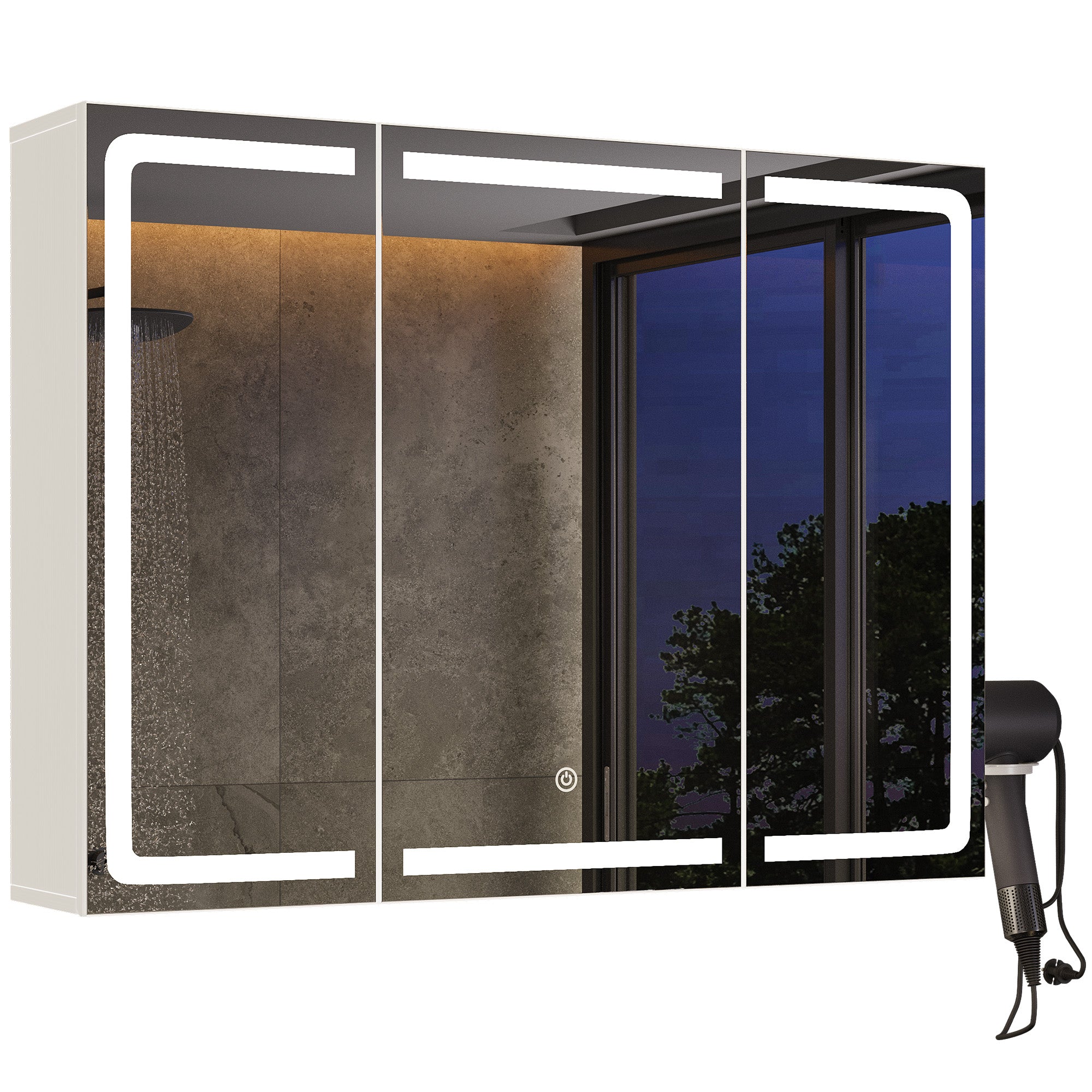 Bealife AP101 Armoire de toilette avec éclairage LED et capteur tactile, Armoire de salle de bain à 3 portes avec miroir HD et étagères réglables
