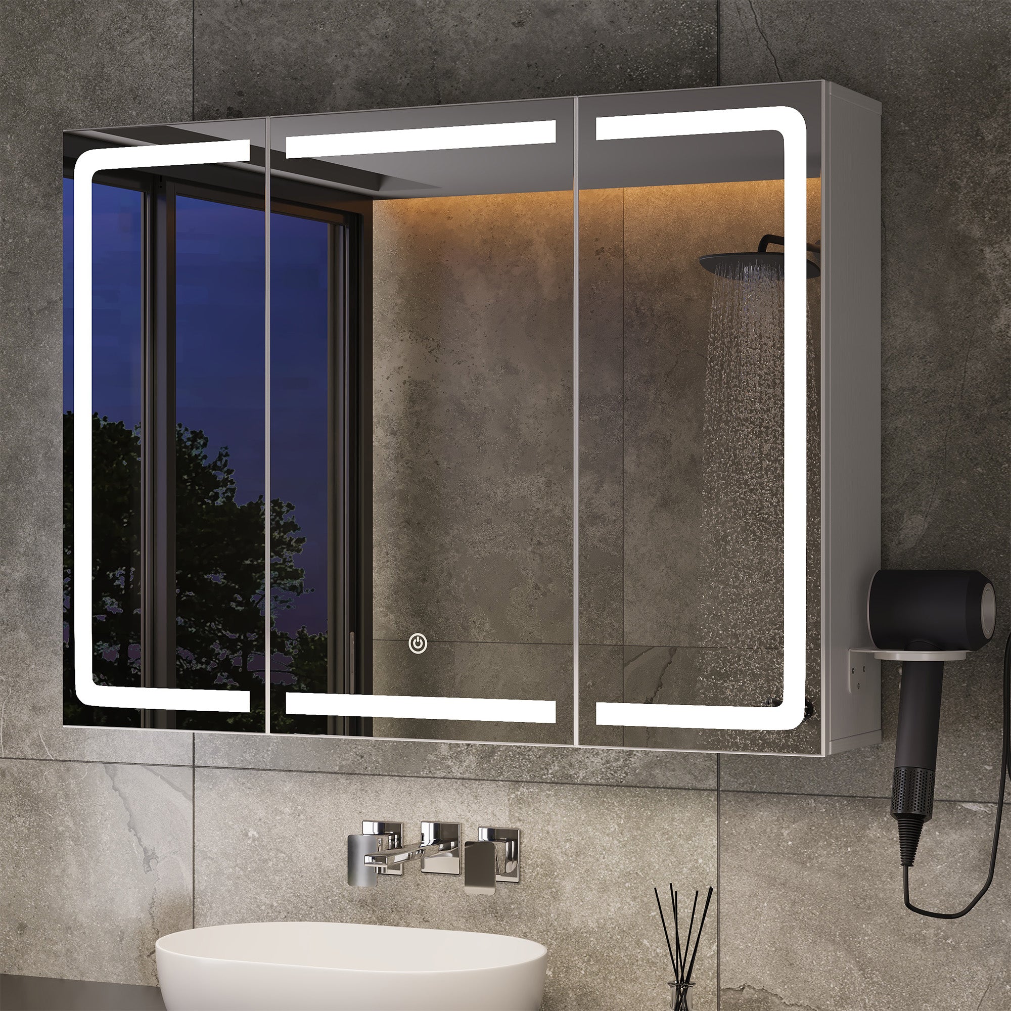 Bealife AP101 Armoire de toilette avec éclairage LED et capteur tactile, Armoire de salle de bain à 3 portes avec miroir HD et étagères réglables