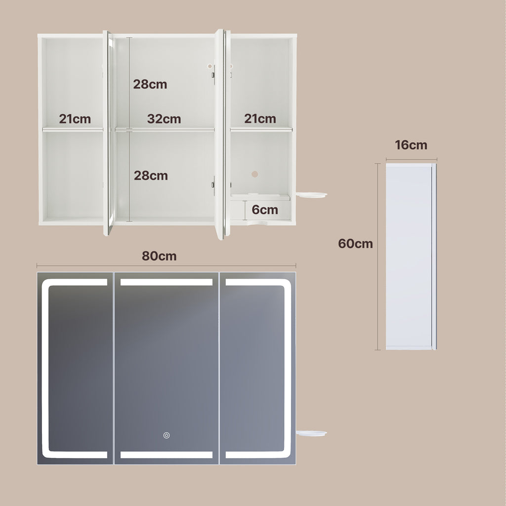 Bealife AP101 Armoire de toilette avec éclairage LED et capteur tactile, Armoire de salle de bain à 3 portes avec miroir HD et étagères réglables