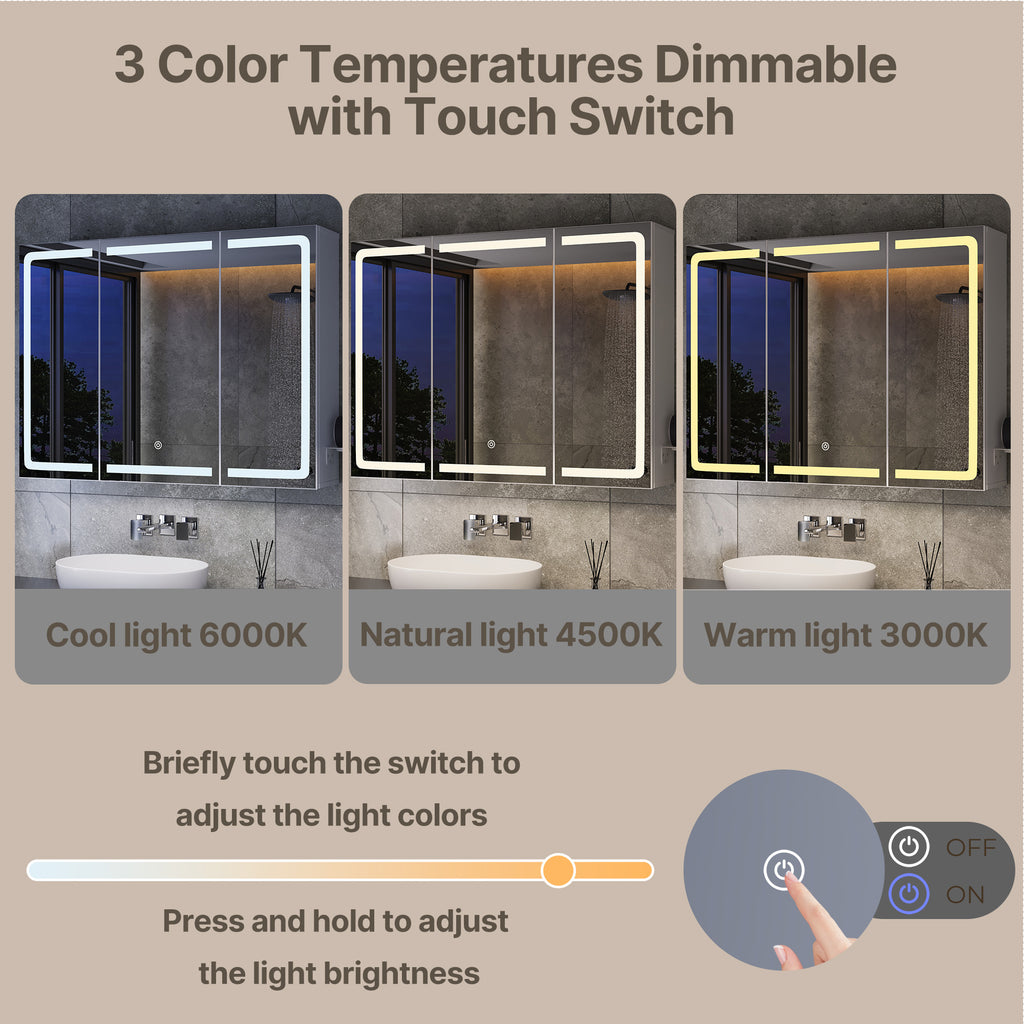Bealife AP101 Armoire de toilette avec éclairage LED et capteur tactile, Armoire de salle de bain à 3 portes avec miroir HD et étagères réglables