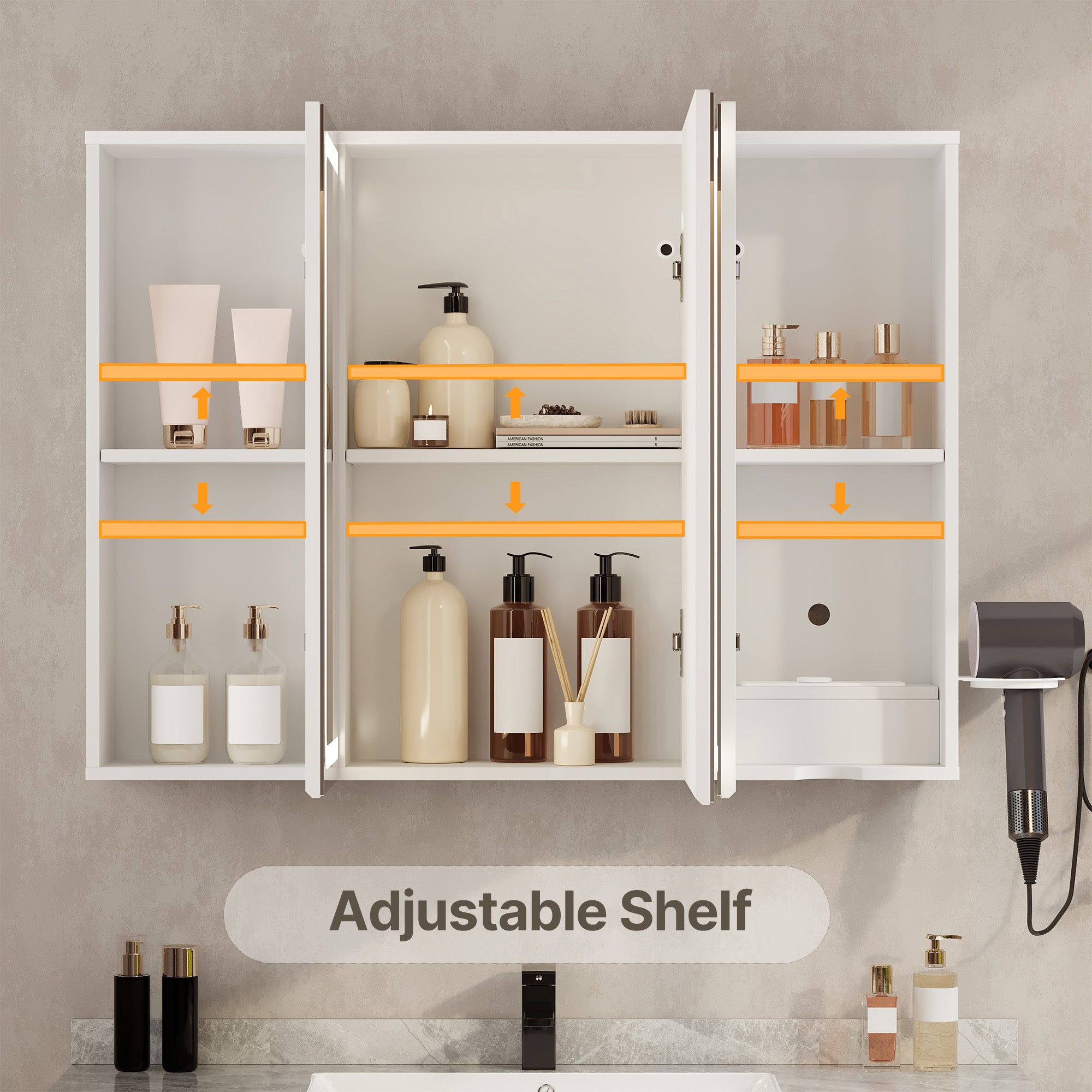 Bealife AP101 Armoire de toilette avec éclairage LED et capteur tactile, Armoire de salle de bain à 3 portes avec miroir HD et étagères réglables