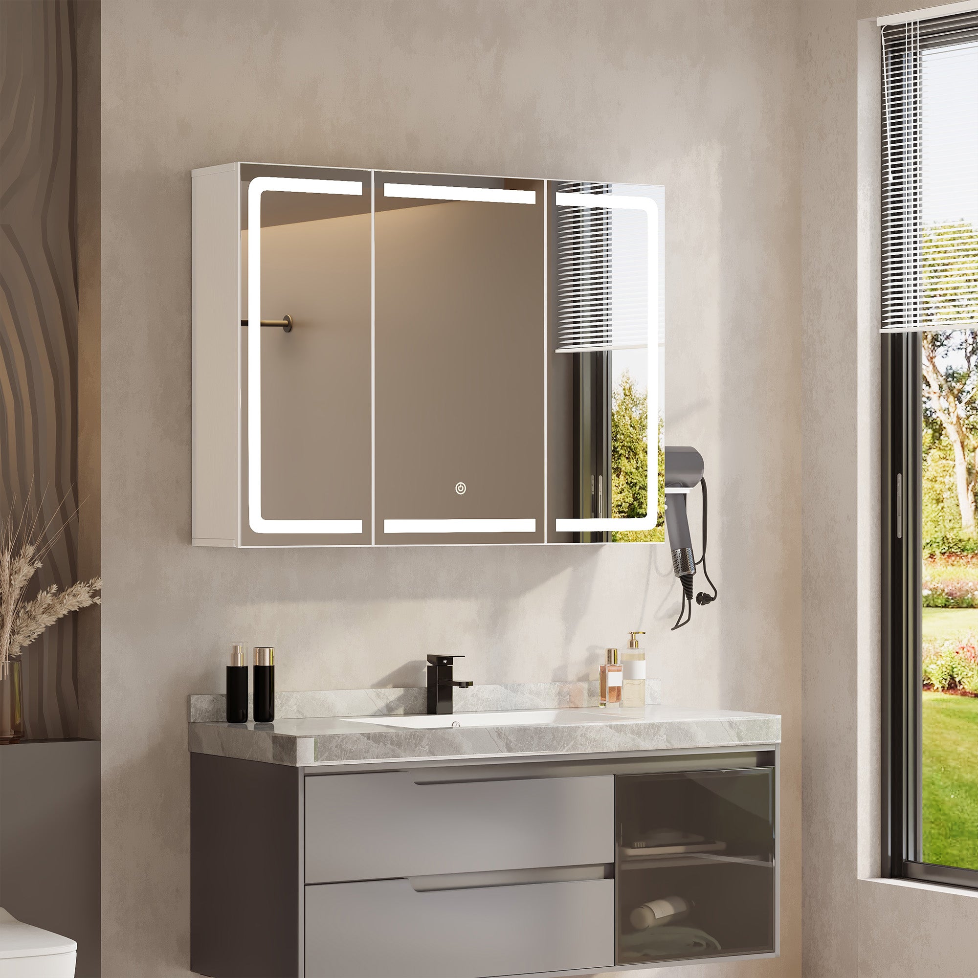 Bealife AP101 Armoire de toilette avec éclairage LED et capteur tactile, Armoire de salle de bain à 3 portes avec miroir HD et étagères réglables