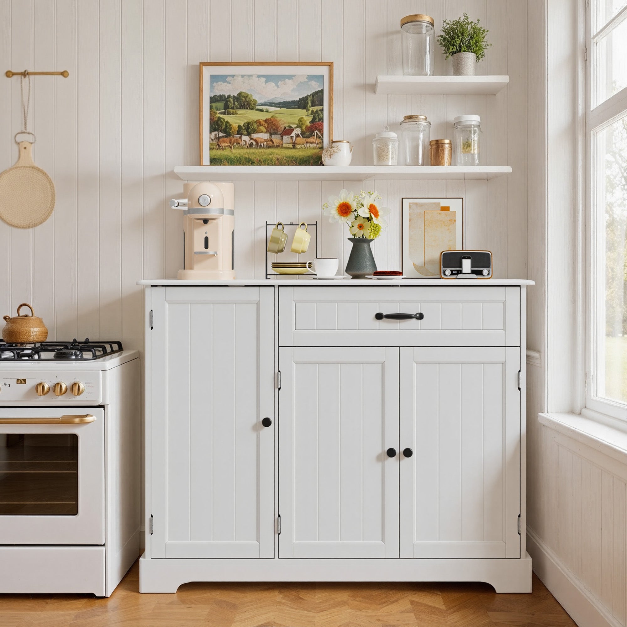 Bealife AP102 Sideboad mit 3 Türen & 1 Schublade -105x40x85 cm, Retro-Stil & Kippschutz