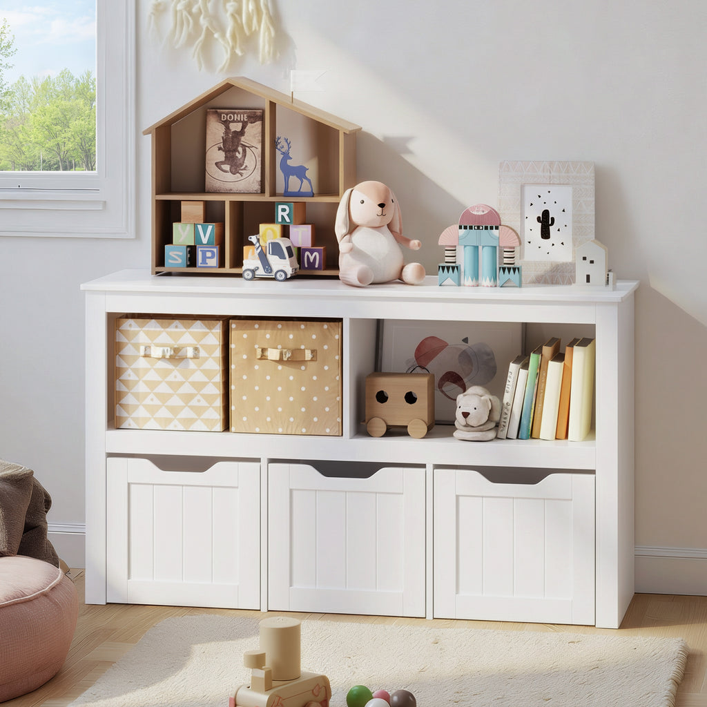 Bealife AP104 Toy Storage Cabinet for Children's Room with Open Compartments and Pull-Out Drawers with Wheels