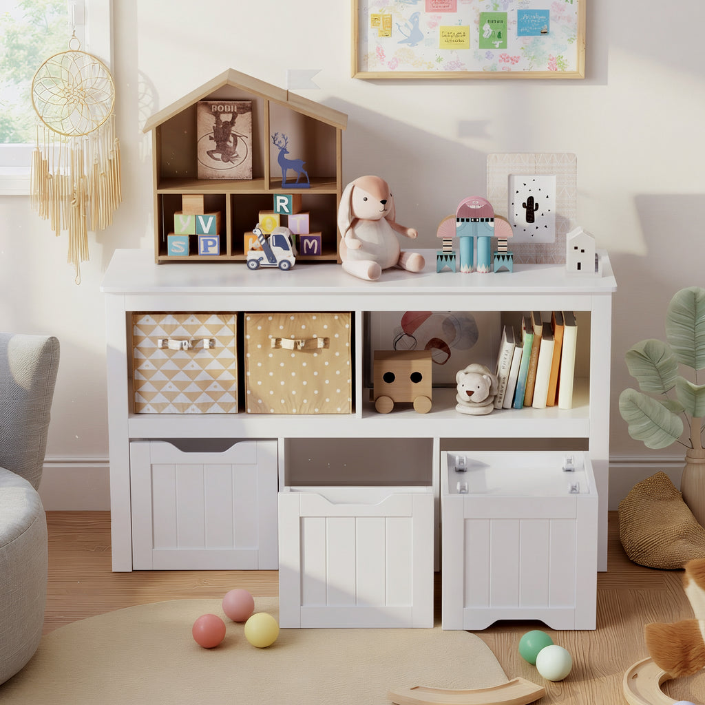Bealife AP104 Toy Storage Cabinet for Children's Room with Open Compartments and Pull-Out Drawers with Wheels