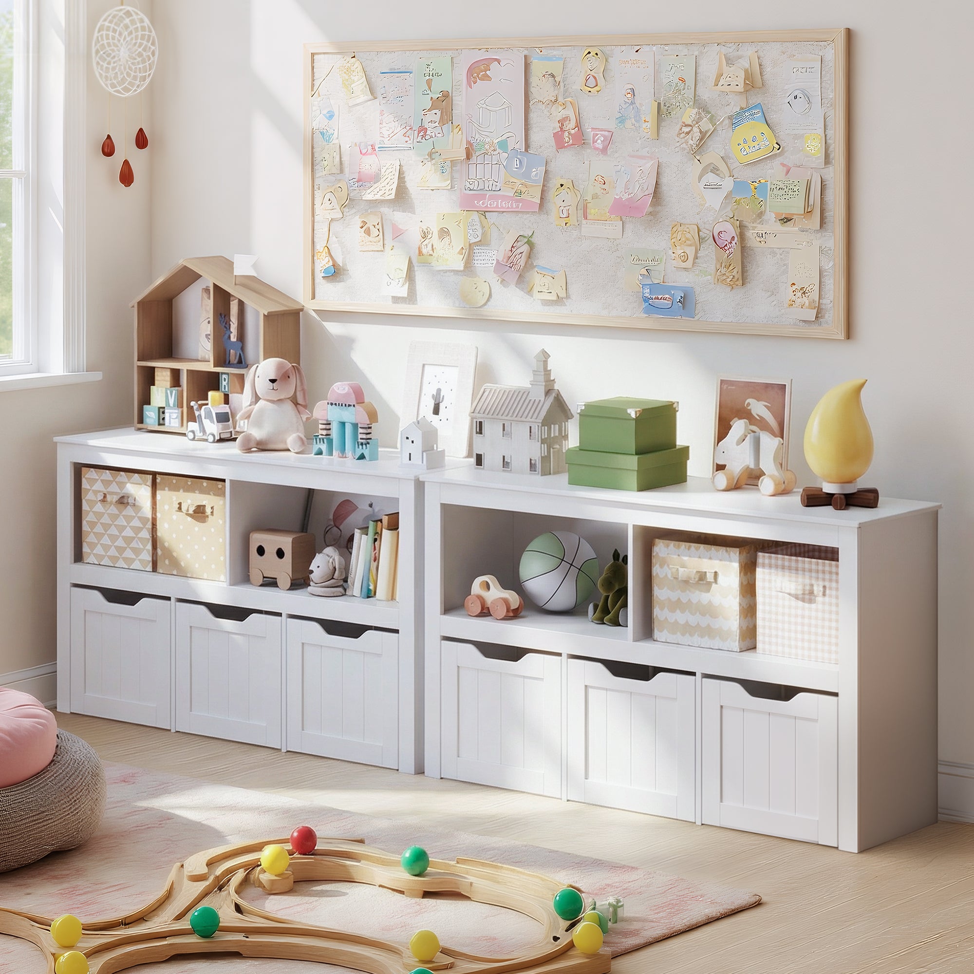 Bealife AP104 Toy Storage Cabinet for Children's Room with Open Compartments and Pull-Out Drawers with Wheels