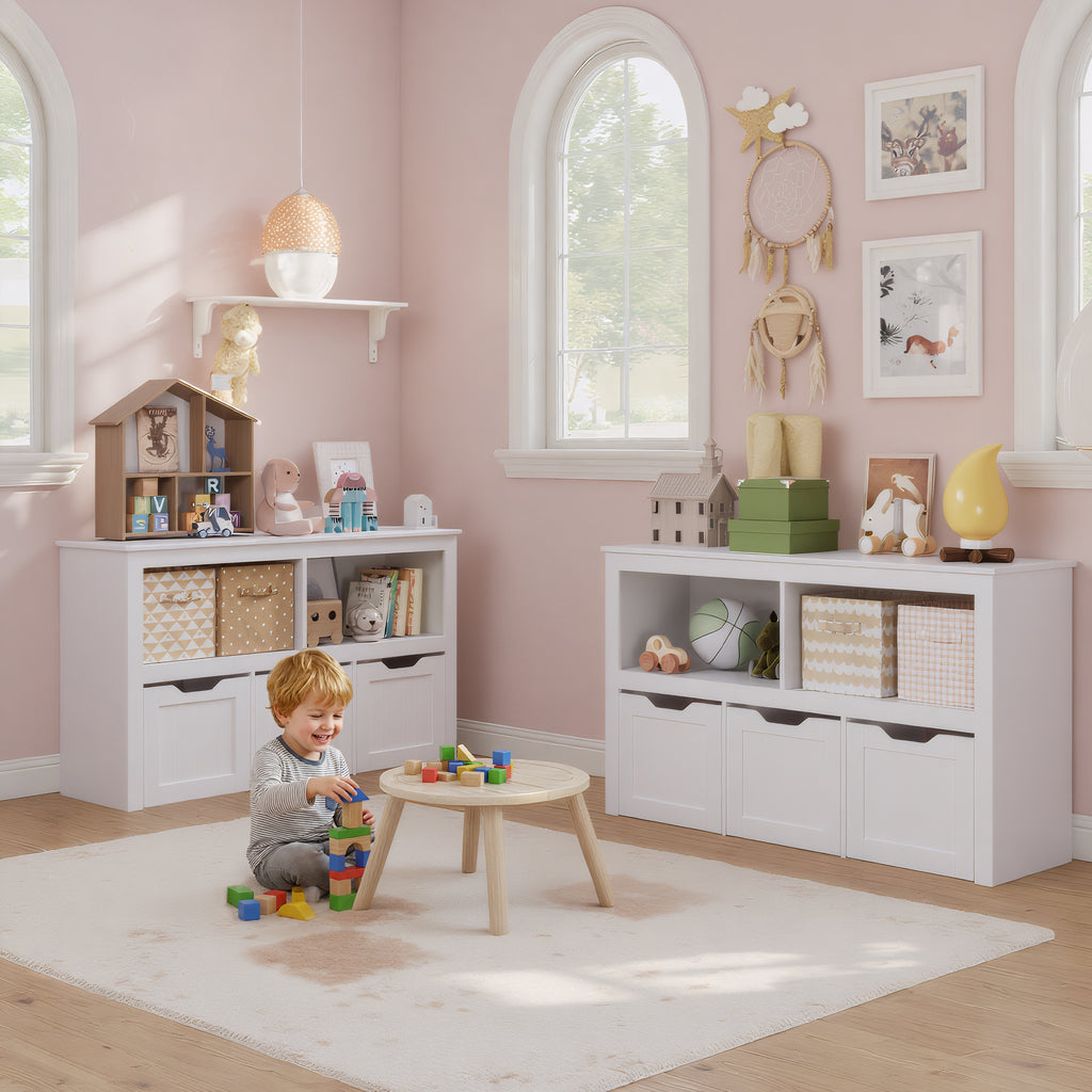Bealife AP104 Toy Storage Cabinet for Children's Room with Open Compartments and Pull-Out Drawers with Wheels