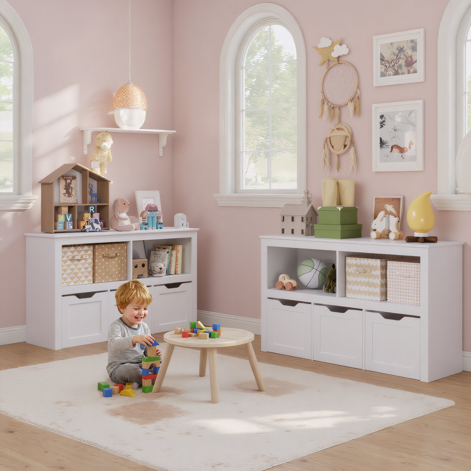 Bealife AP104 Toy Storage Cabinet for Children's Room with Open Compartments and Pull-Out Drawers with Wheels