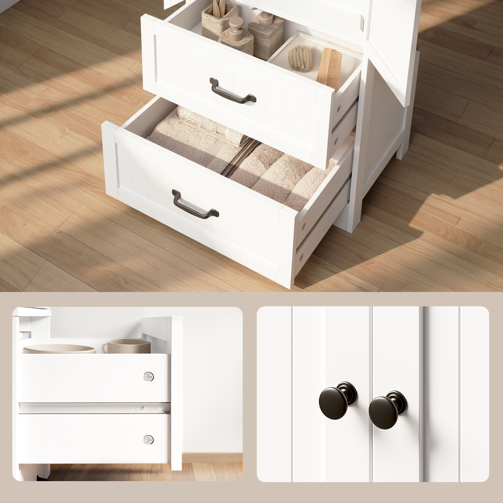Bealife AP116 Armoire de rangement multifonctionnelle avec 2 tiroirs et 2 portes, étagères réglables en hauteur pour bureau, salle de bain et chambre à coucher