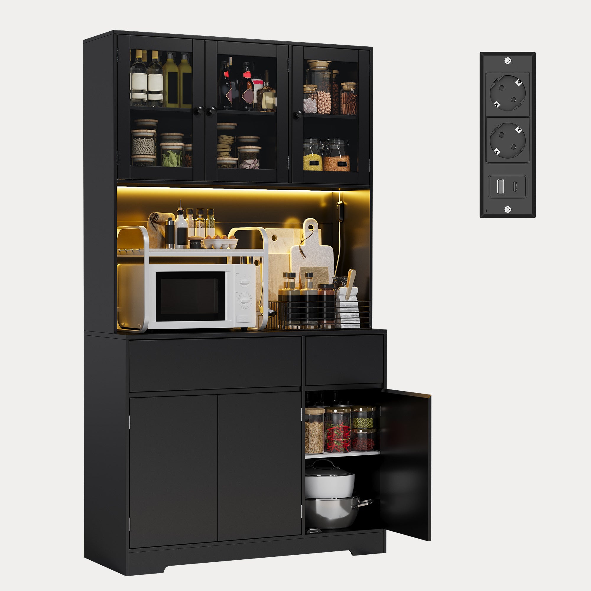 Bealife AP120 Meuble de Rangement de Cuisine avec Station de Charge & Éclairage LED Réglable en Couleur, Vitrine Haute avec Étagères Réglables pour Salle à Manger, Salon