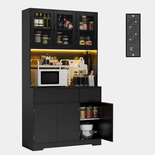 Bealife AP120 Meuble de Rangement de Cuisine avec Station de Charge & Éclairage LED Réglable en Couleur, Vitrine Haute avec Étagères Réglables pour Salle à Manger, Salon