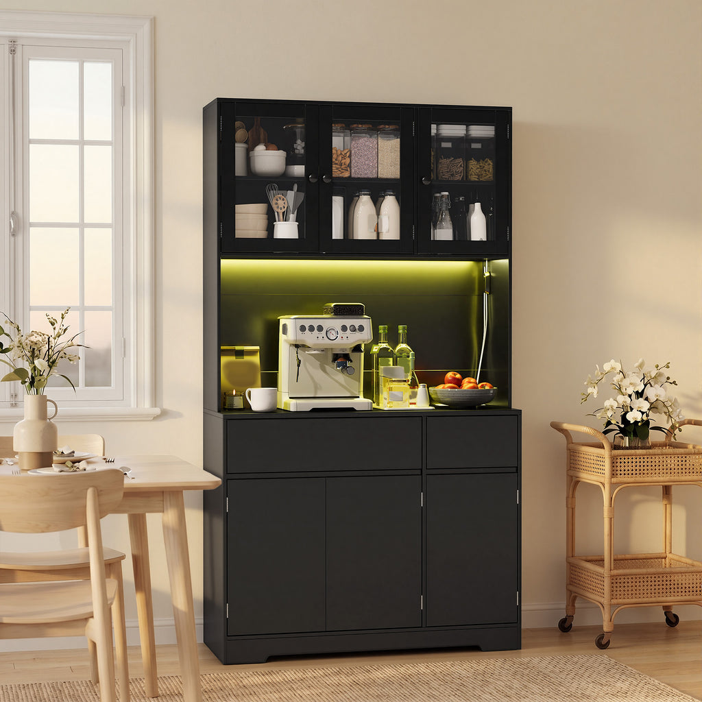 Bealife AP120 Meuble de Rangement de Cuisine avec Station de Charge & Éclairage LED Réglable en Couleur, Vitrine Haute avec Étagères Réglables pour Salle à Manger, Salon