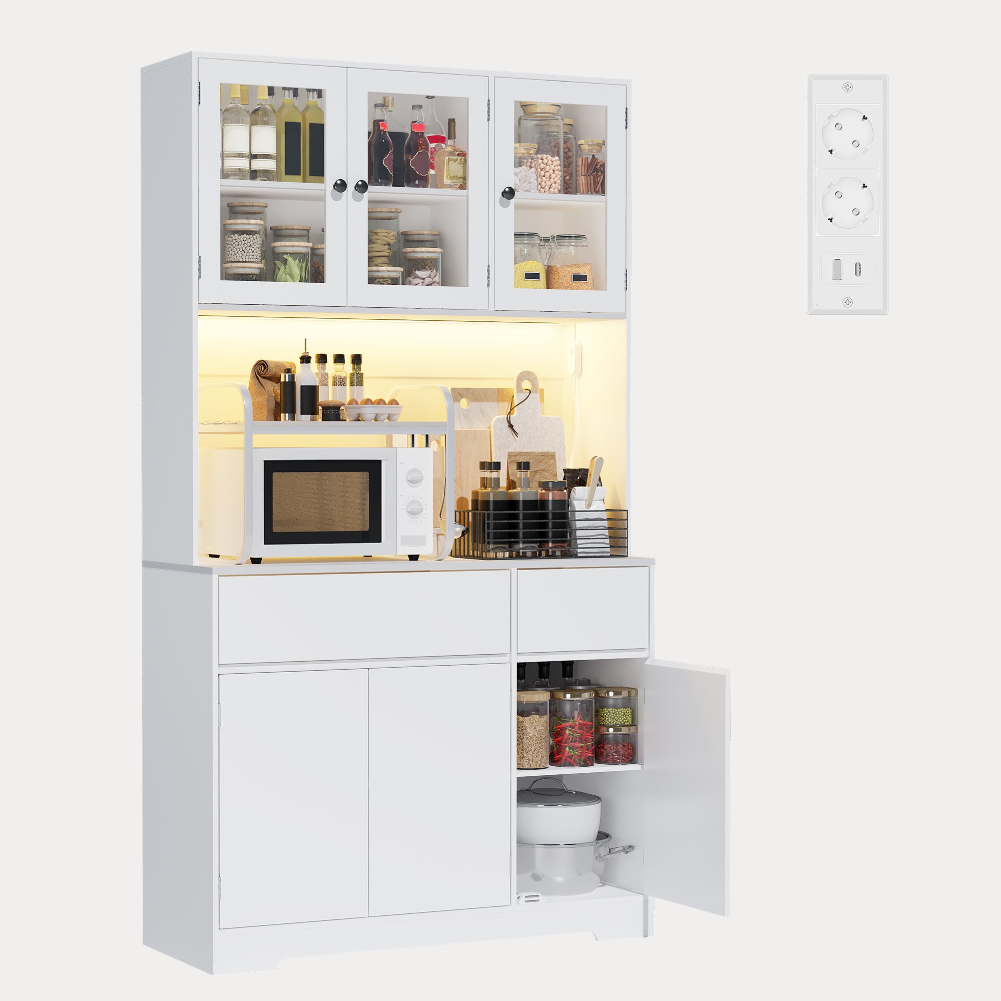 Bealife AP120 Meuble de Rangement de Cuisine avec Station de Charge & Éclairage LED Réglable en Couleur, Vitrine Haute avec Étagères Réglables pour Salle à Manger, Salon