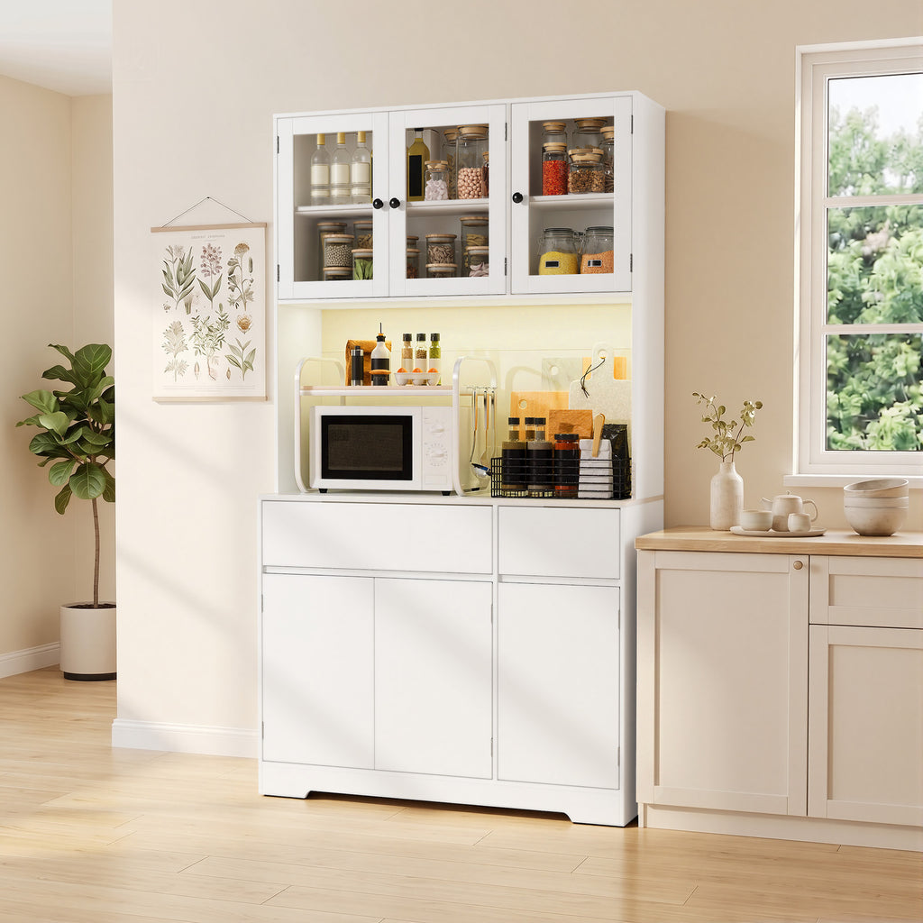 Bealife AP120 Meuble de Rangement de Cuisine avec Station de Charge & Éclairage LED Réglable en Couleur, Vitrine Haute avec Étagères Réglables pour Salle à Manger, Salon