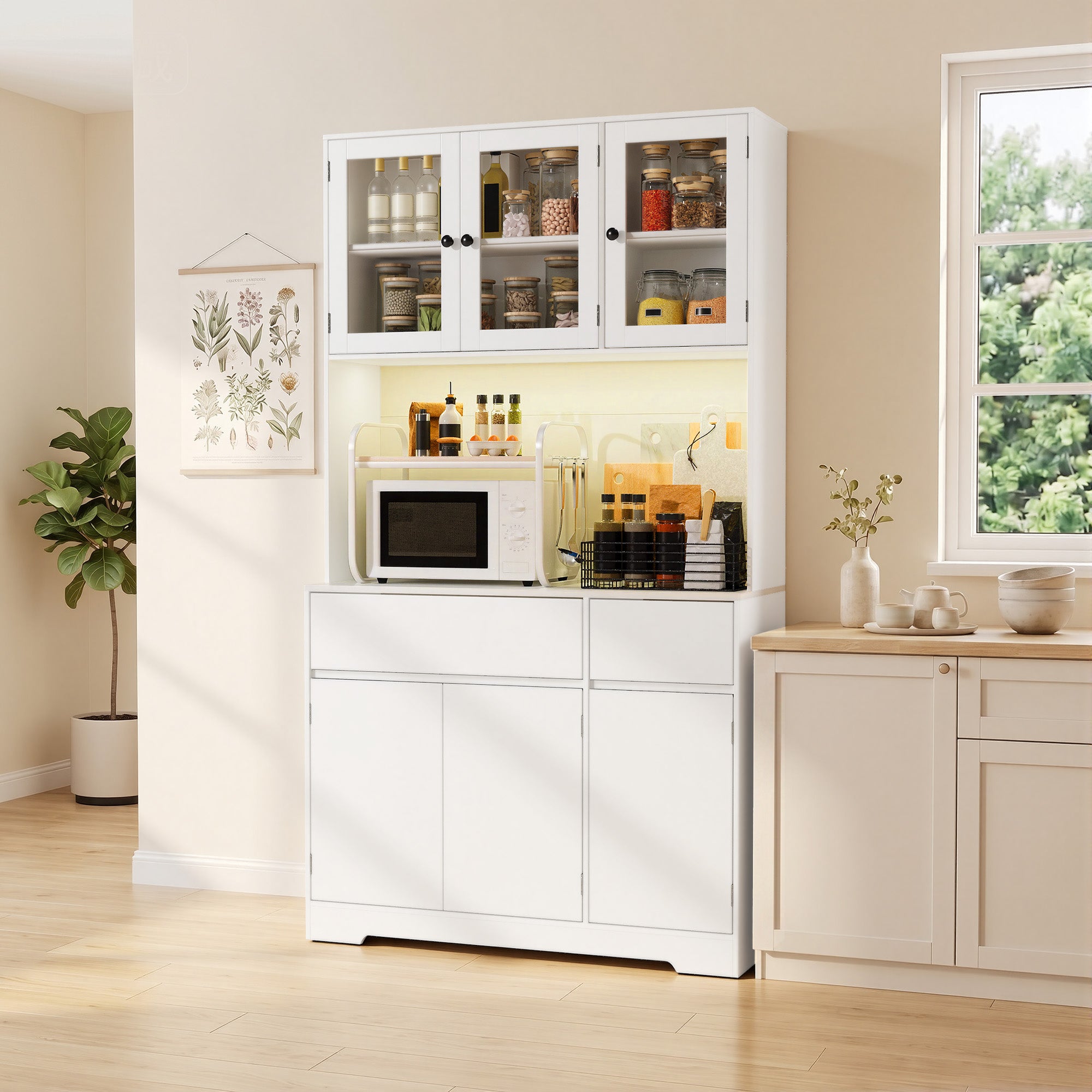 Bealife AP120 Meuble de Rangement de Cuisine avec Station de Charge & Éclairage LED Réglable en Couleur, Vitrine Haute avec Étagères Réglables pour Salle à Manger, Salon