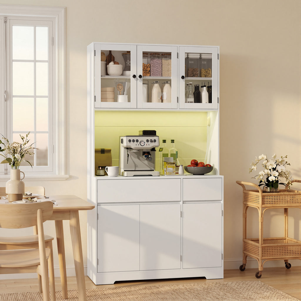 Bealife AP120 Meuble de Rangement de Cuisine avec Station de Charge & Éclairage LED Réglable en Couleur, Vitrine Haute avec Étagères Réglables pour Salle à Manger, Salon