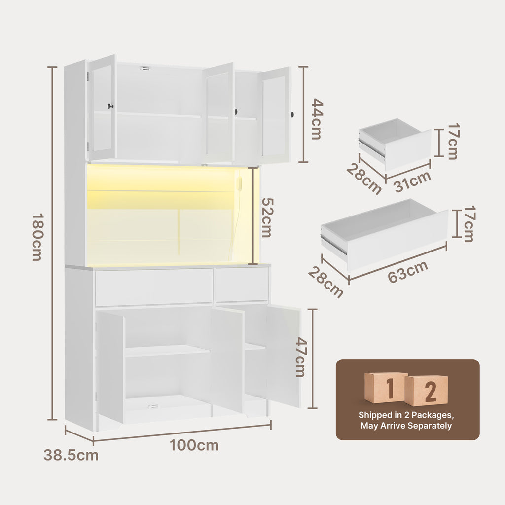 Bealife AP120 Meuble de Rangement de Cuisine avec Station de Charge & Éclairage LED Réglable en Couleur, Vitrine Haute avec Étagères Réglables pour Salle à Manger, Salon