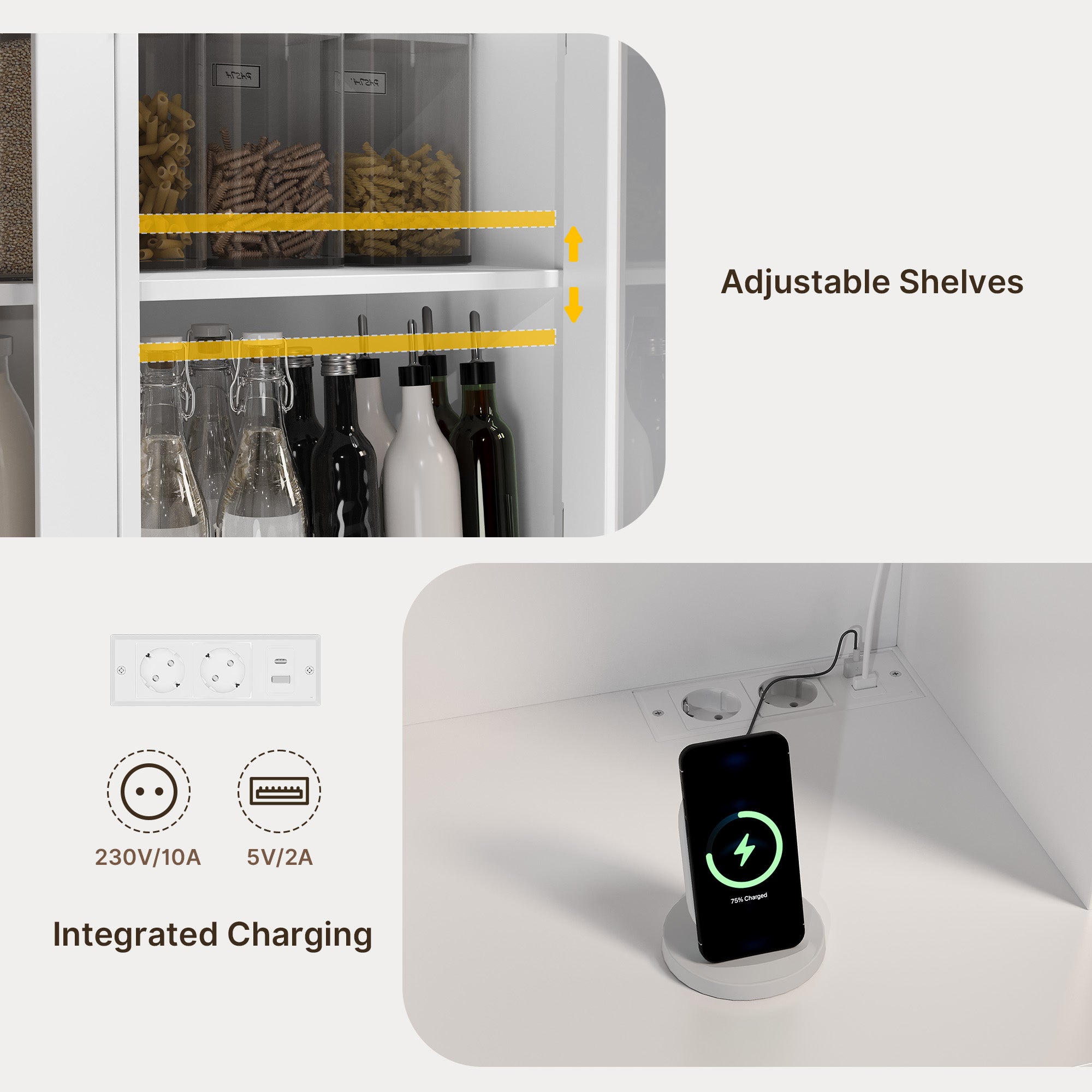Bealife AP120 Meuble de Rangement de Cuisine avec Station de Charge & Éclairage LED Réglable en Couleur, Vitrine Haute avec Étagères Réglables pour Salle à Manger, Salon