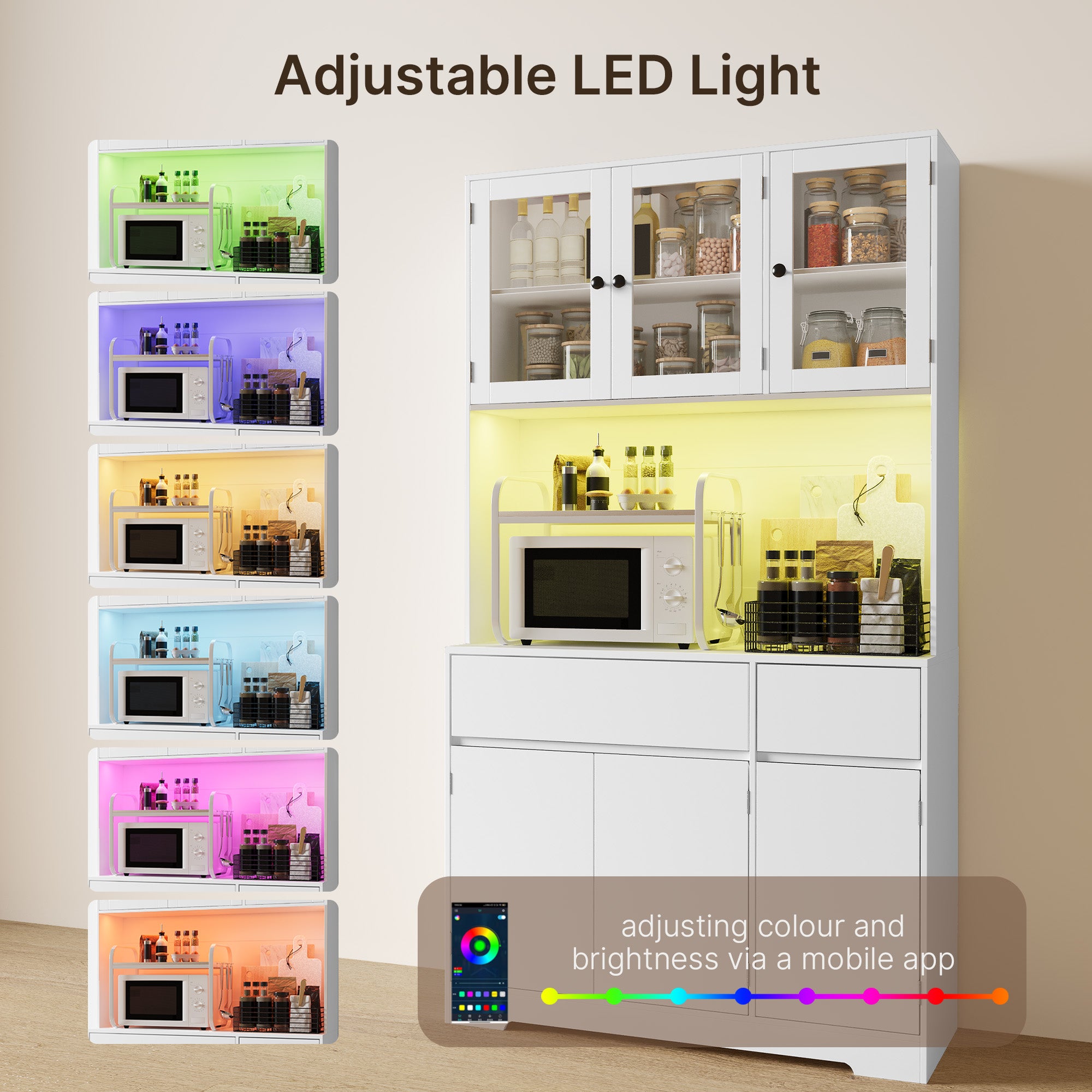 Bealife AP120 Meuble de Rangement de Cuisine avec Station de Charge & Éclairage LED Réglable en Couleur, Vitrine Haute avec Étagères Réglables pour Salle à Manger, Salon