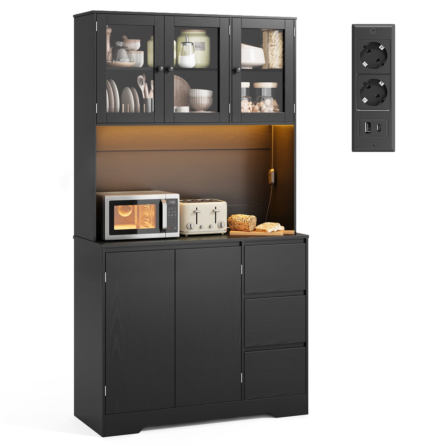 Bealife AP121 Meuble de cuisine avec station de charge et éclairage LED à couleur réglable, Vitrine haute avec étagères réglables