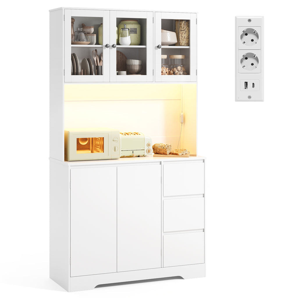 Bealife AP121 Meuble de cuisine avec station de charge et éclairage LED à couleur réglable, Vitrine haute avec étagères réglables