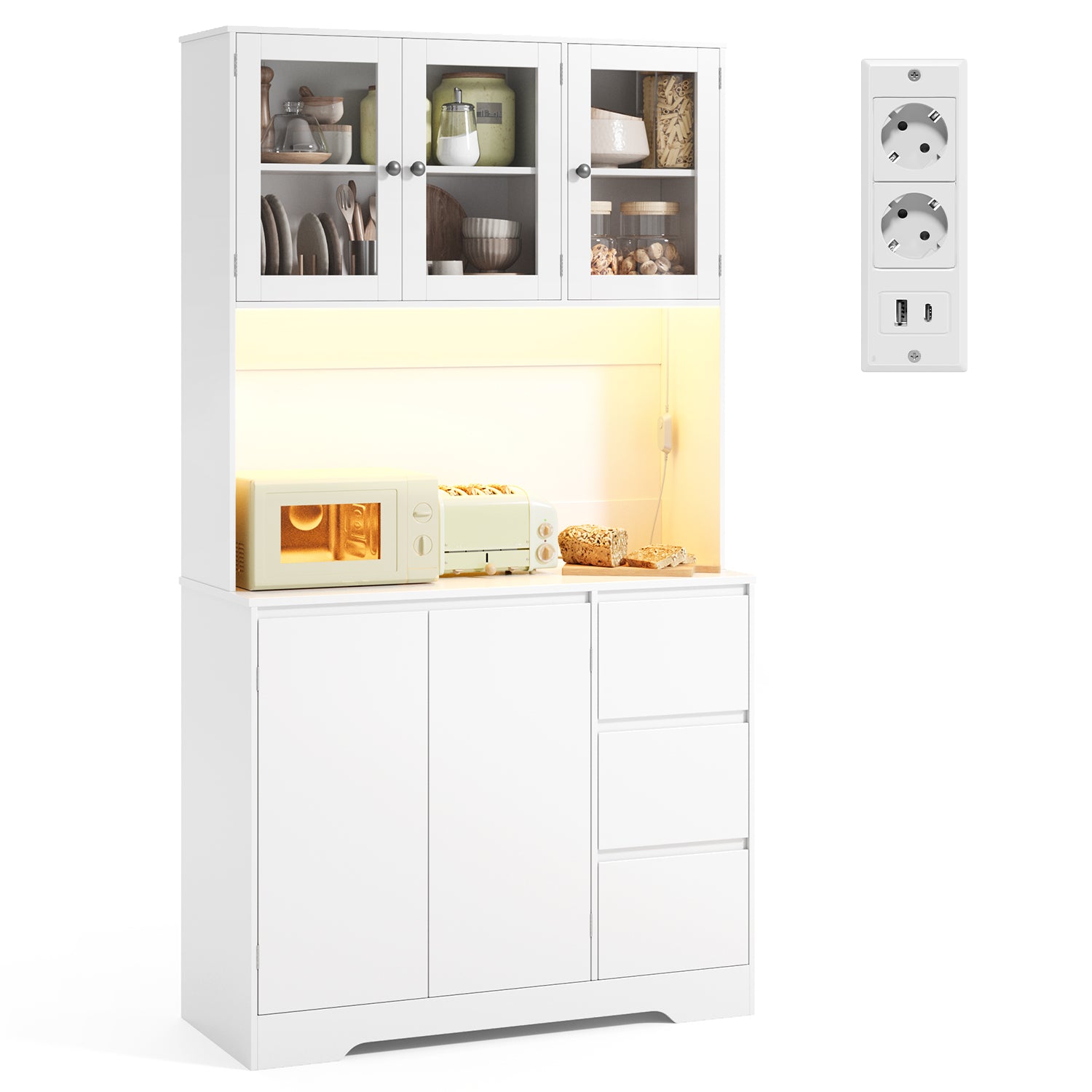 Bealife AP121 Meuble de cuisine avec station de charge et éclairage LED à couleur réglable, Vitrine haute avec étagères réglables