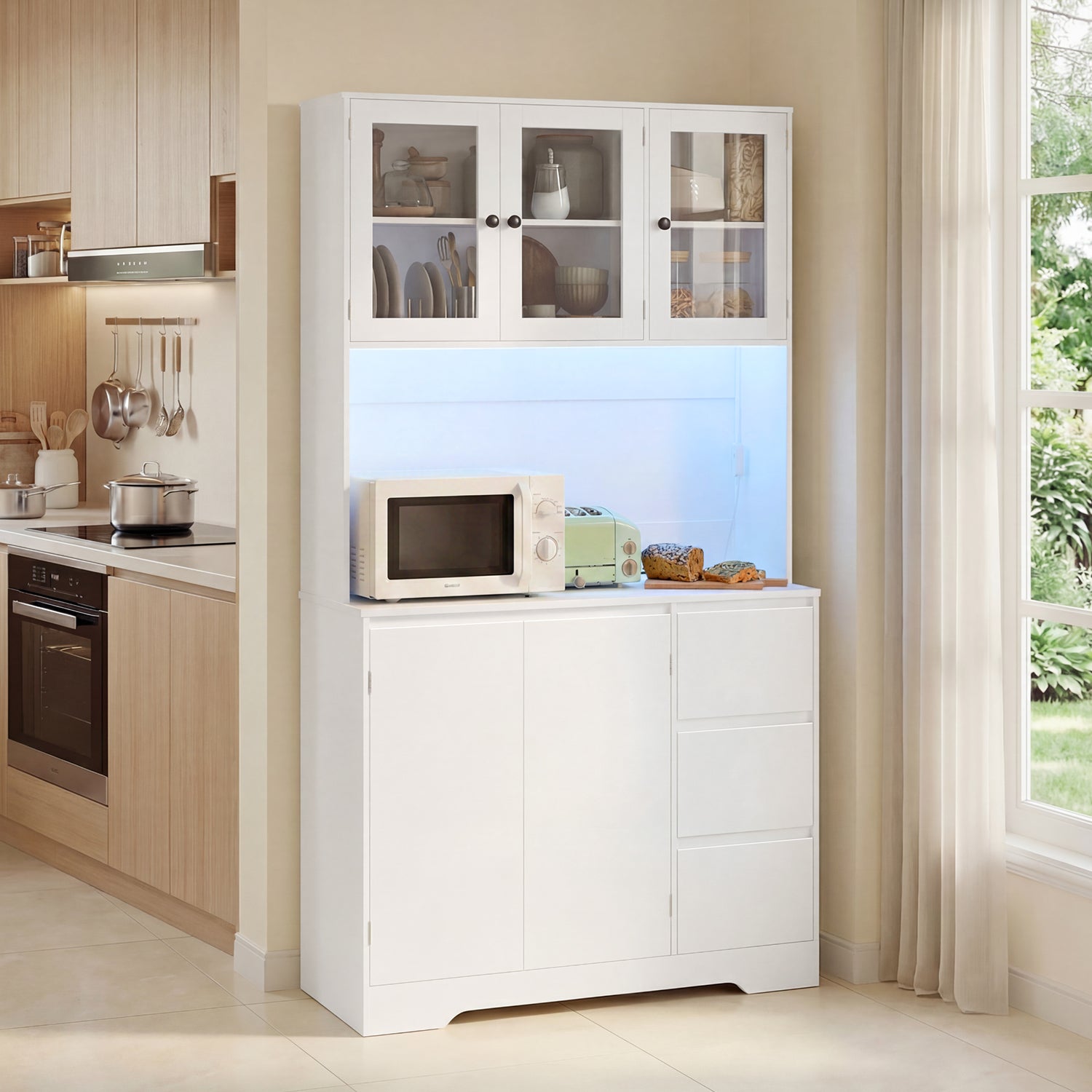 Bealife AP121 Meuble de cuisine avec station de charge et éclairage LED à couleur réglable, Vitrine haute avec étagères réglables