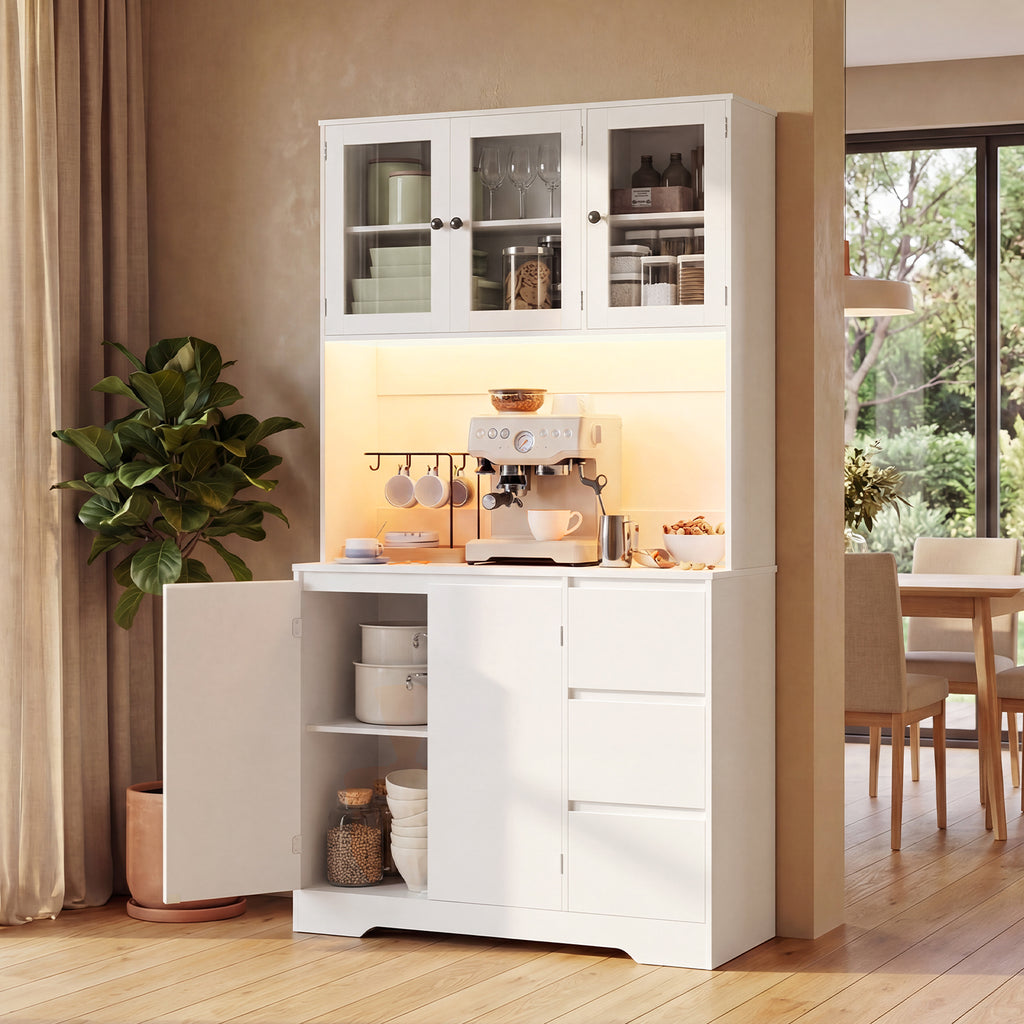 Bealife AP121 Meuble de cuisine avec station de charge et éclairage LED à couleur réglable, Vitrine haute avec étagères réglables