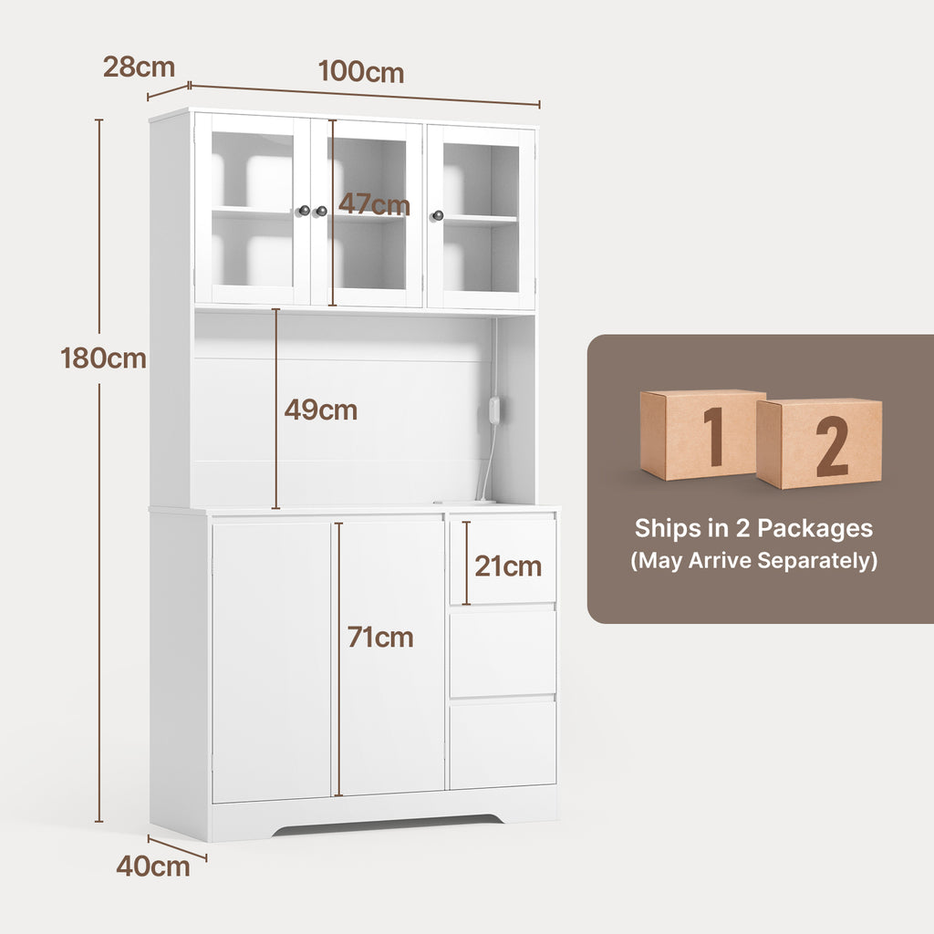 Bealife AP121 Meuble de cuisine avec station de charge et éclairage LED à couleur réglable, Vitrine haute avec étagères réglables