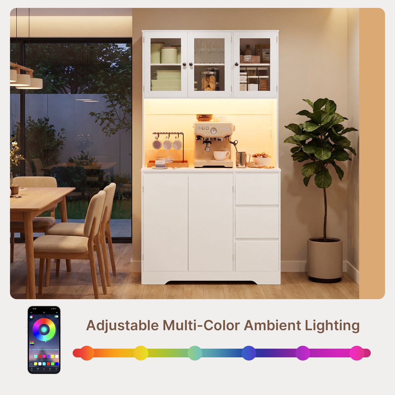 Bealife AP121 Meuble de cuisine avec station de charge et éclairage LED à couleur réglable, Vitrine haute avec étagères réglables