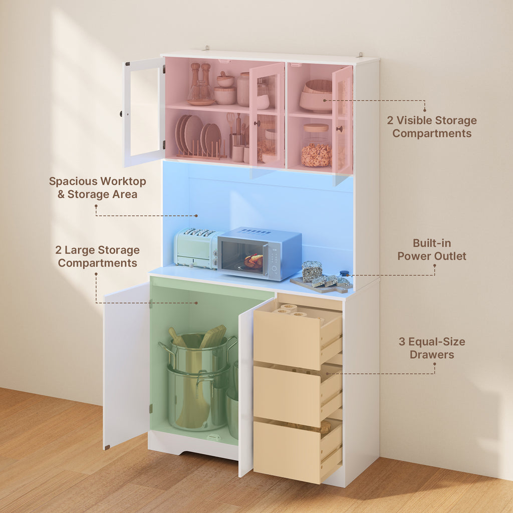 Bealife AP121 Meuble de cuisine avec station de charge et éclairage LED à couleur réglable, Vitrine haute avec étagères réglables