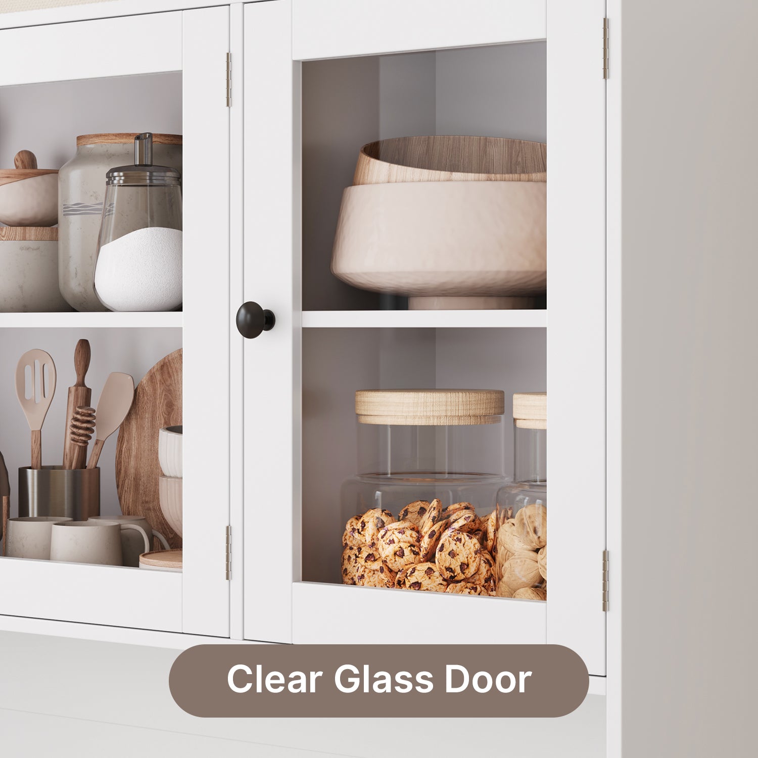 Bealife AP121 Meuble de cuisine avec station de charge et éclairage LED à couleur réglable, Vitrine haute avec étagères réglables